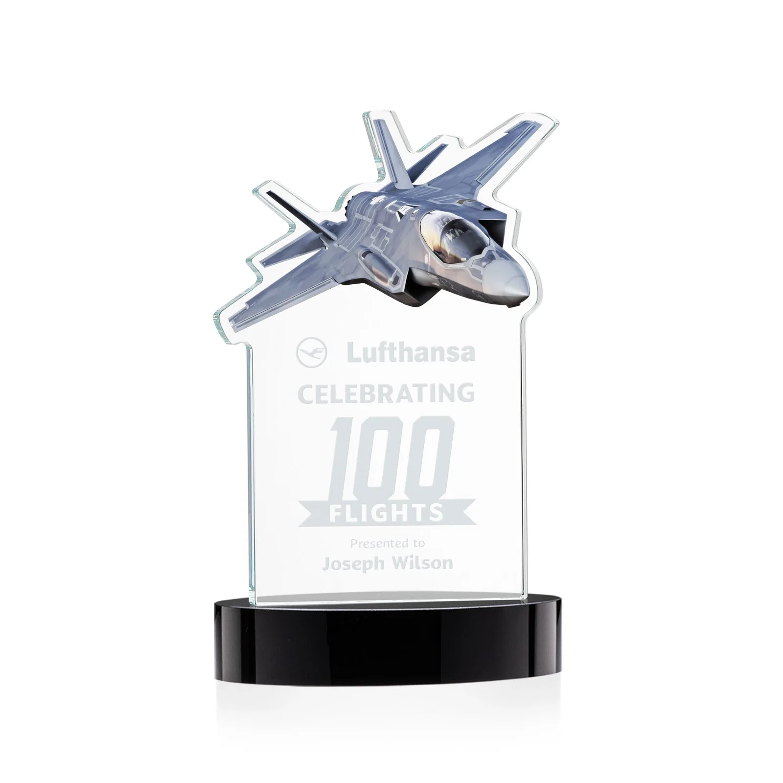 Personalized Starfire Crystal Jet Award on Alberton Oval Base for donor appreciation