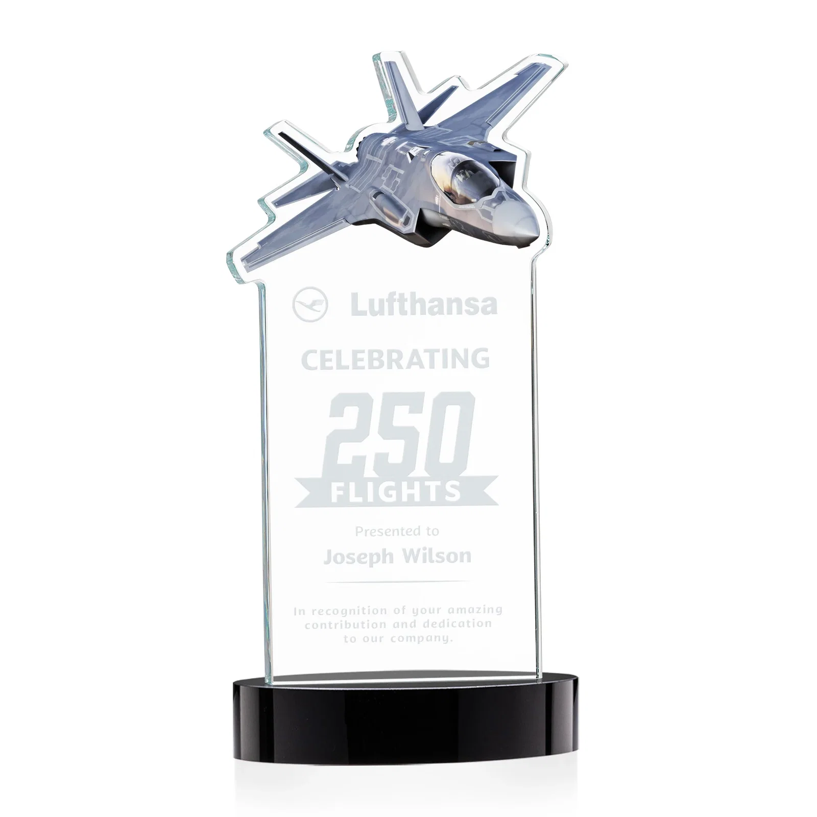 Personalized Starfire Crystal Jet Award on Alberton Oval Base for graduation ceremonies