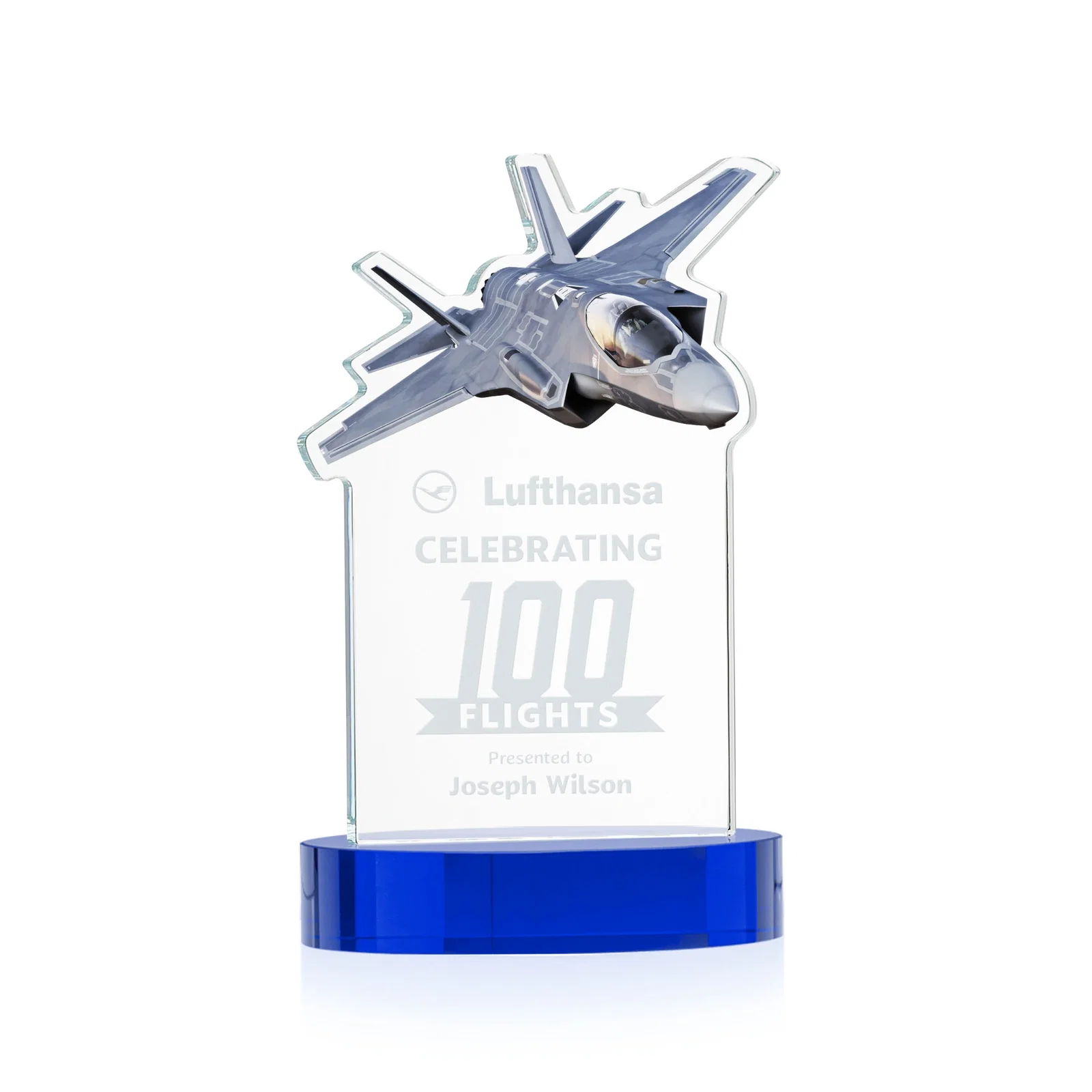 Personalized Starfire Crystal Jet Award on Alberton Oval Base for dealer and partner awards