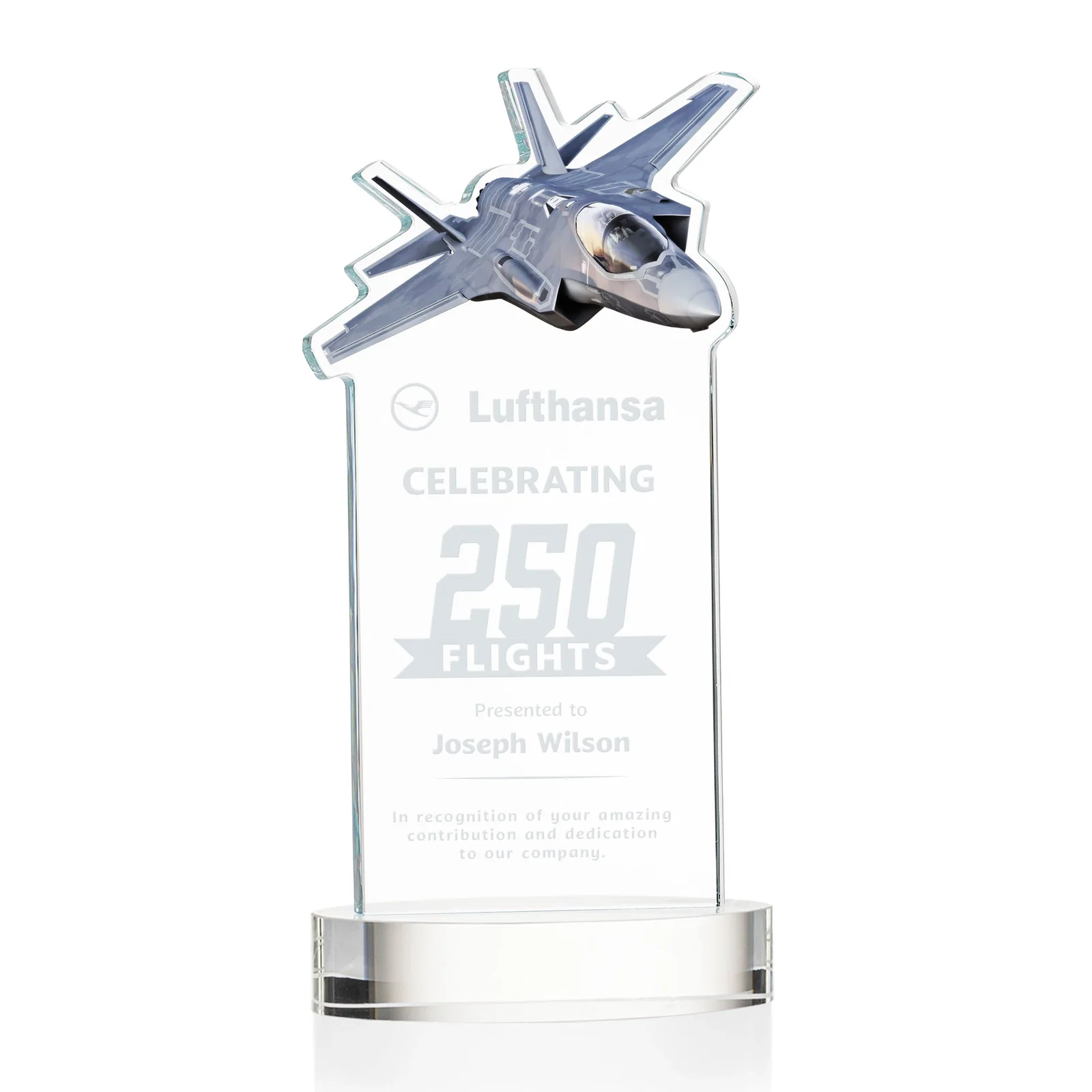 Custom Starfire Crystal Jet Award on Alberton Oval Base for service anniversary gifts
