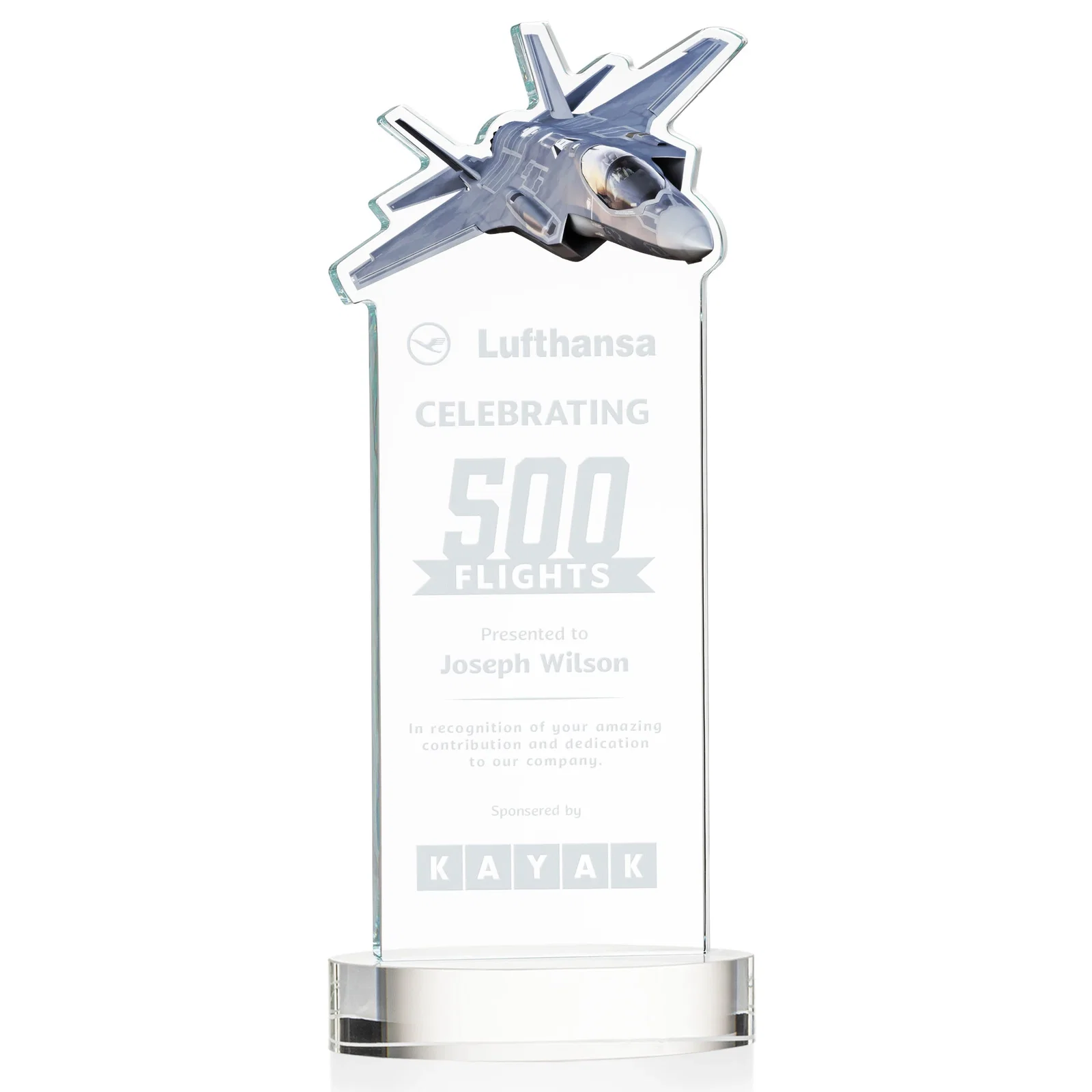 Custom Starfire Crystal Jet Award on Alberton Oval Base for sales achievement awards