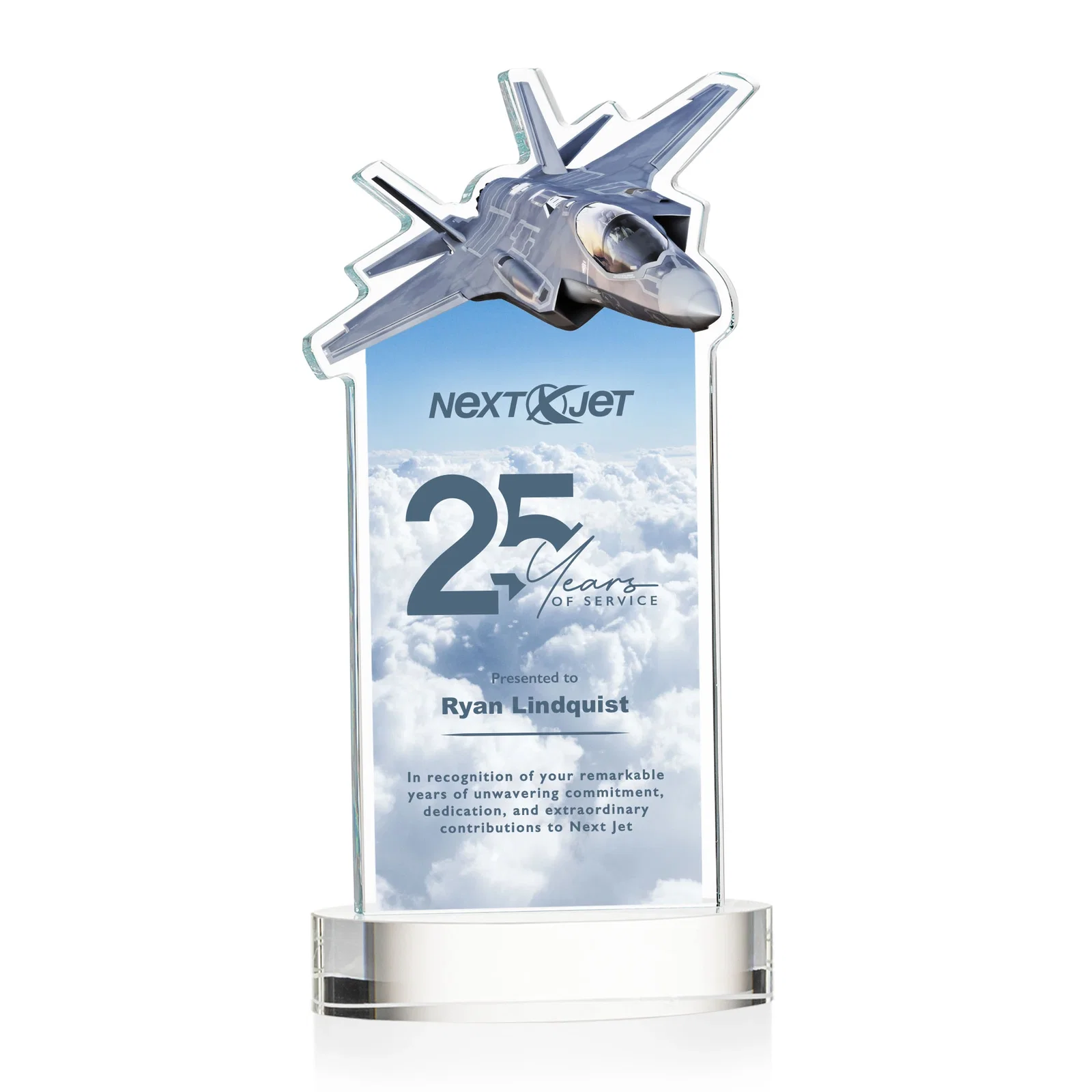 Branded Starfire Crystal Jet Award on Alberton Oval Base for sales achievement awards