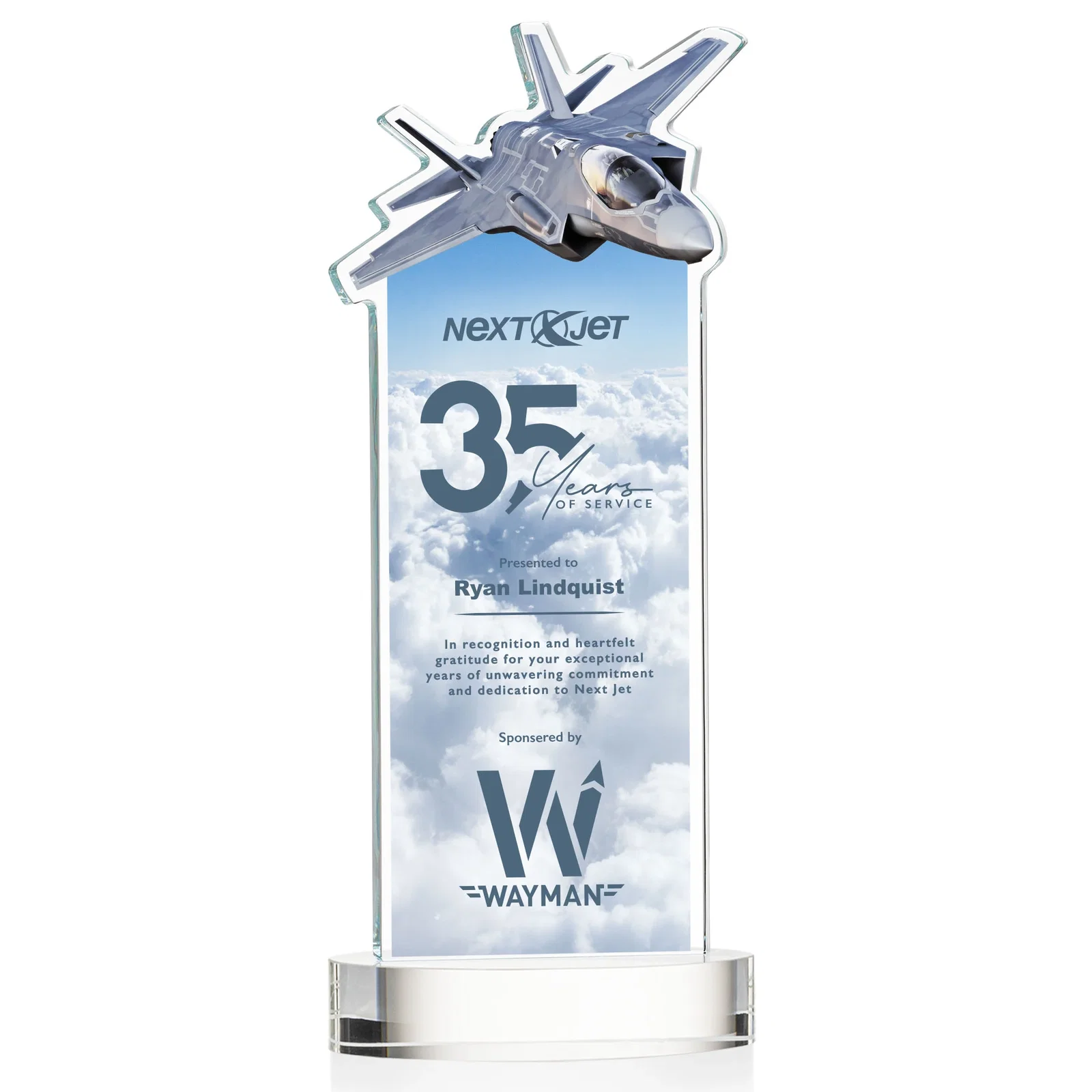 Branded Starfire Crystal Jet Award on Alberton Oval Base for retirement presentations