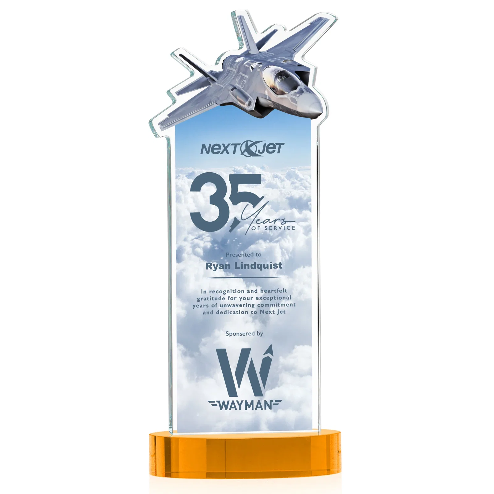 Branded Starfire Crystal Jet Award on Alberton Oval Base for volunteer appreciation