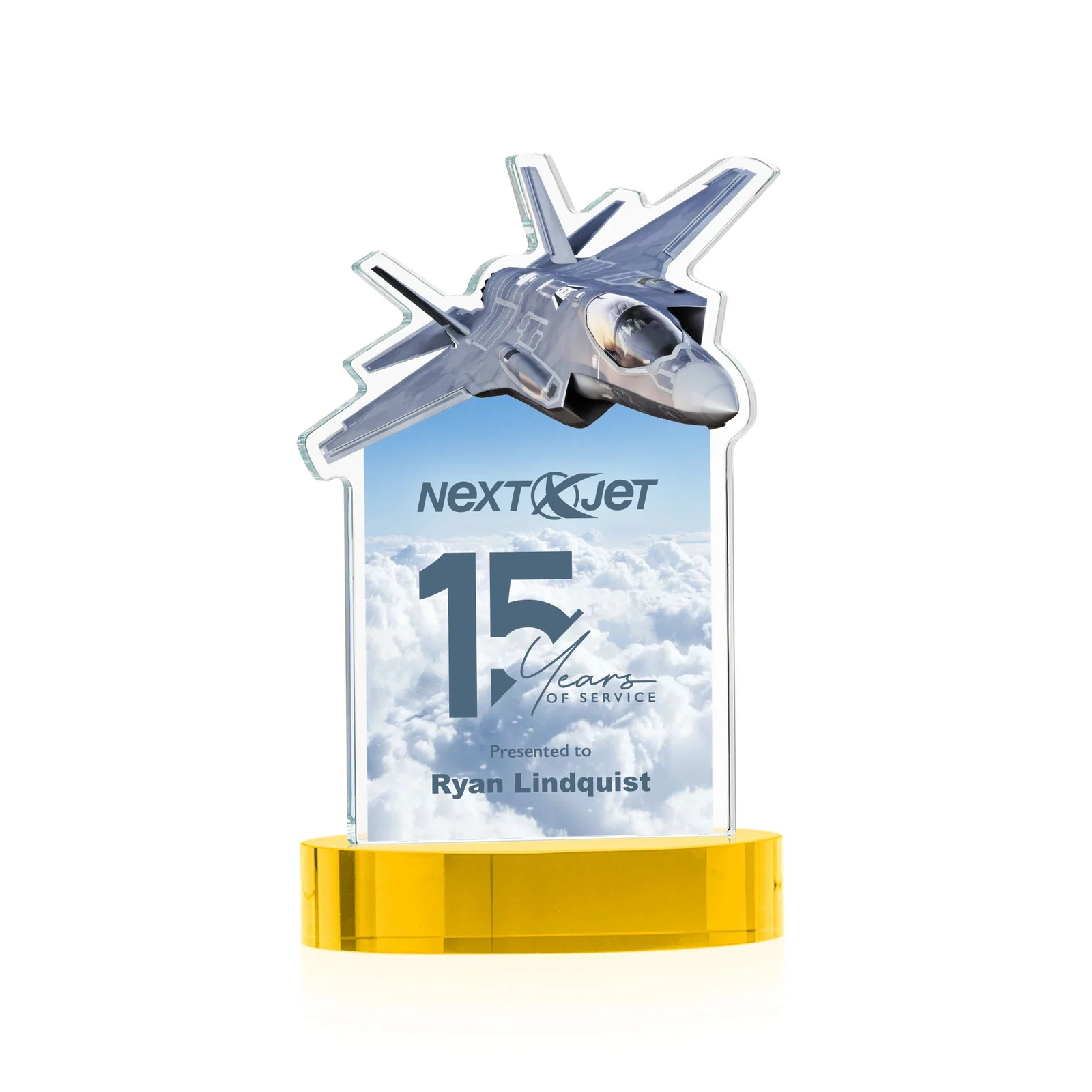 Branded Starfire Crystal Jet Award on Alberton Oval Base for company anniversary events