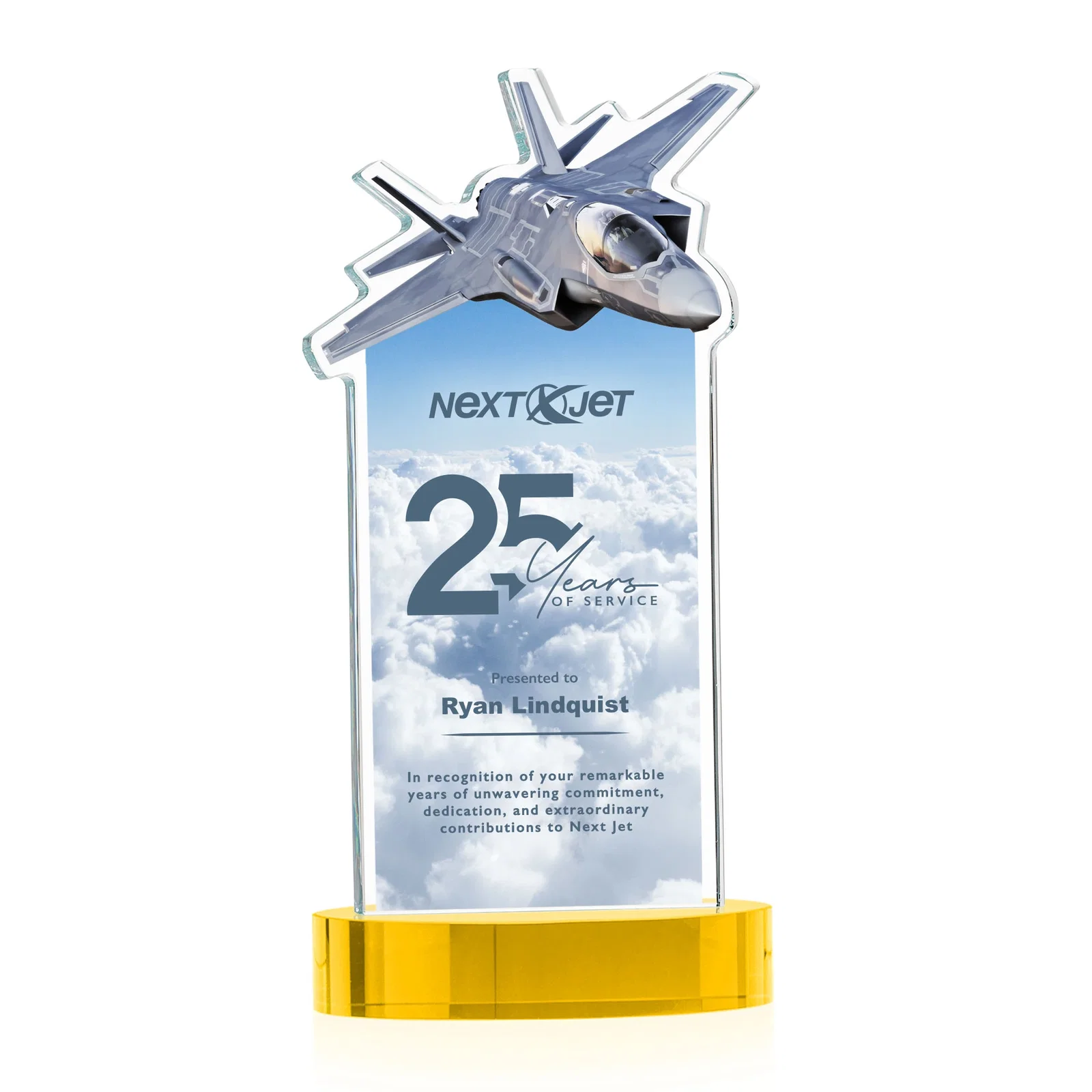 Custom printed Starfire Crystal Jet Award on Alberton Oval Base for employee recognition