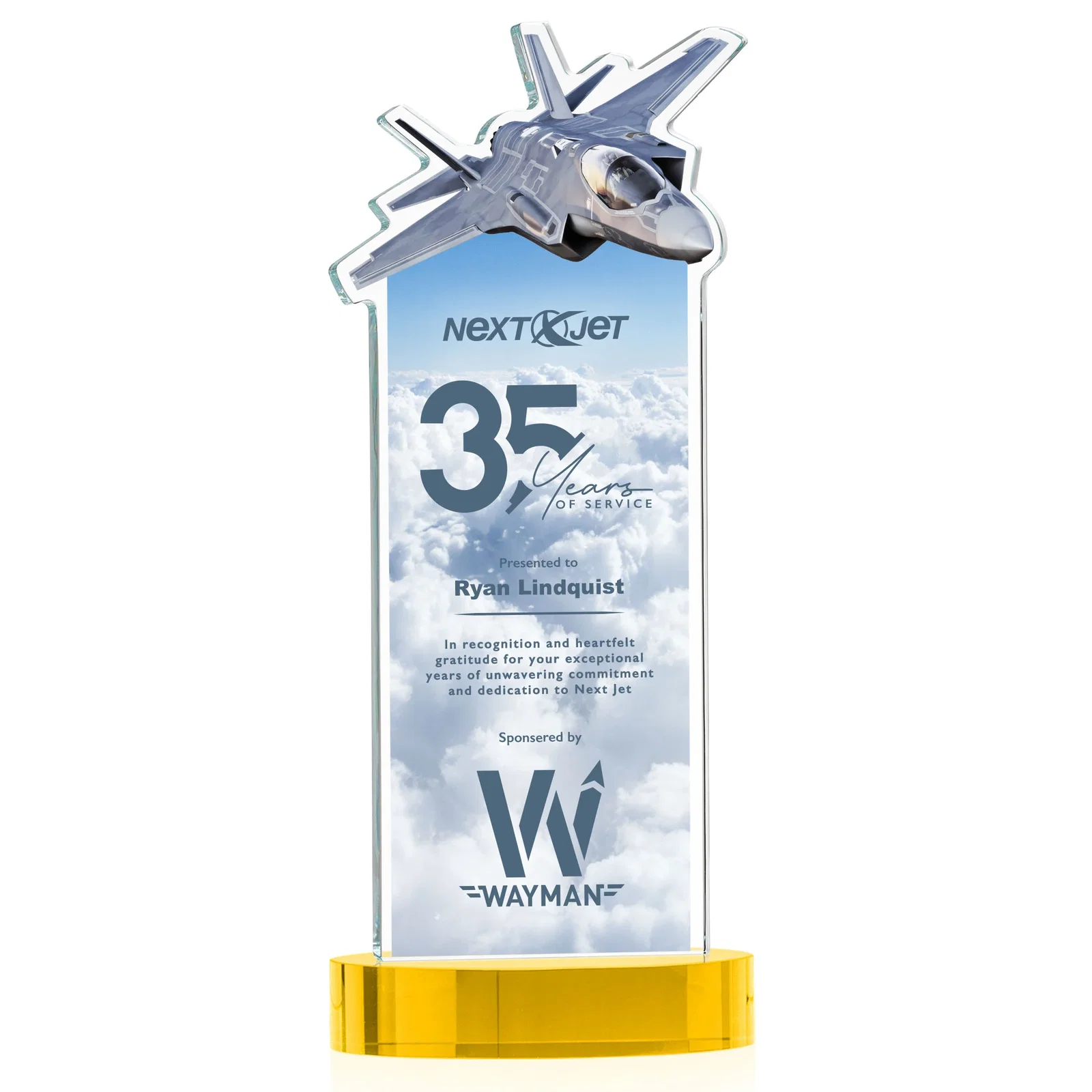 Custom printed Starfire Crystal Jet Award on Alberton Oval Base for corporate award ceremonies