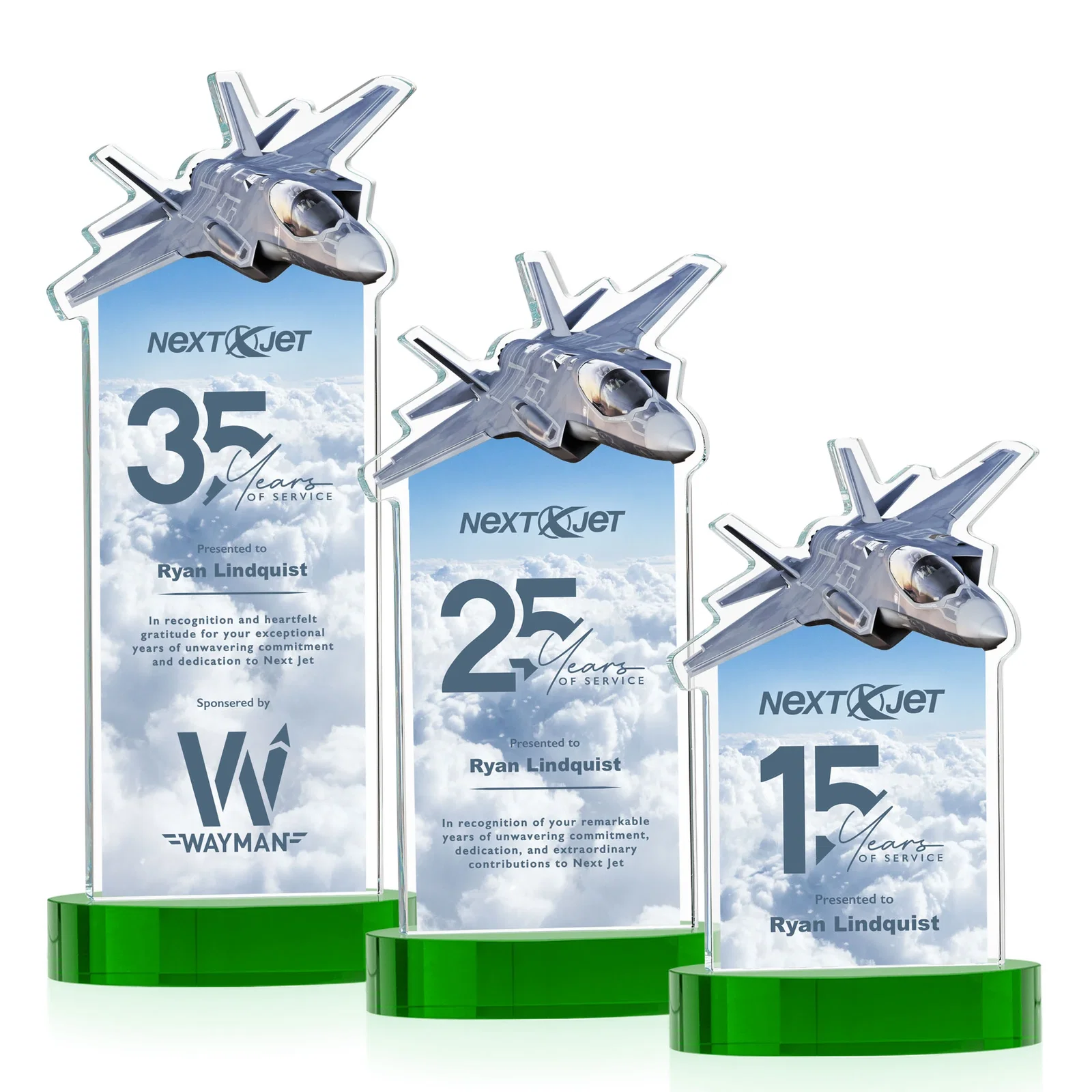 Custom printed Starfire Crystal Jet Award on Alberton Oval Base for service anniversary gifts