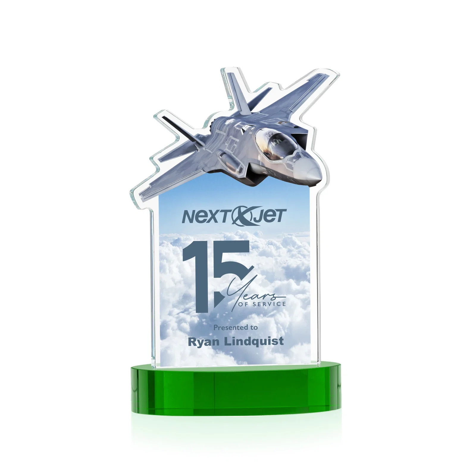 Custom printed Starfire Crystal Jet Award on Alberton Oval Base for sales achievement awards