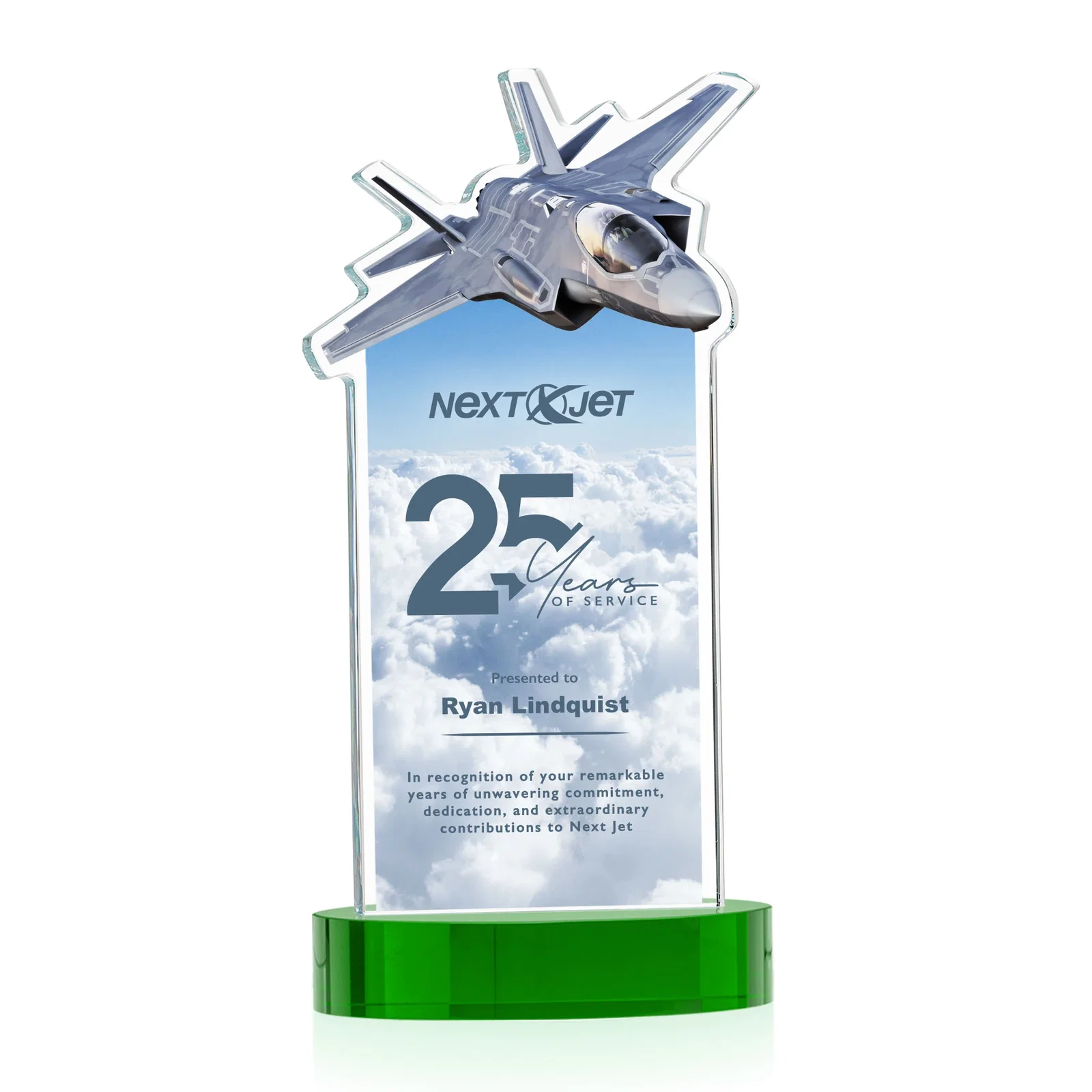 Custom printed Starfire Crystal Jet Award on Alberton Oval Base for retirement presentations