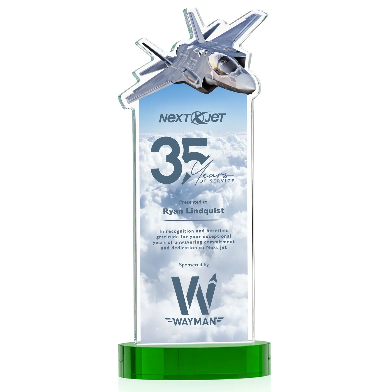 Custom printed Starfire Crystal Jet Award on Alberton Oval Base for team milestone celebrations