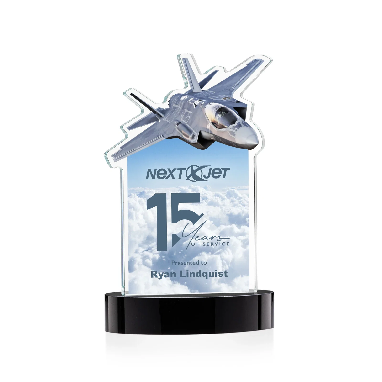 Custom printed Starfire Crystal Jet Award on Alberton Oval Base for graduation ceremonies