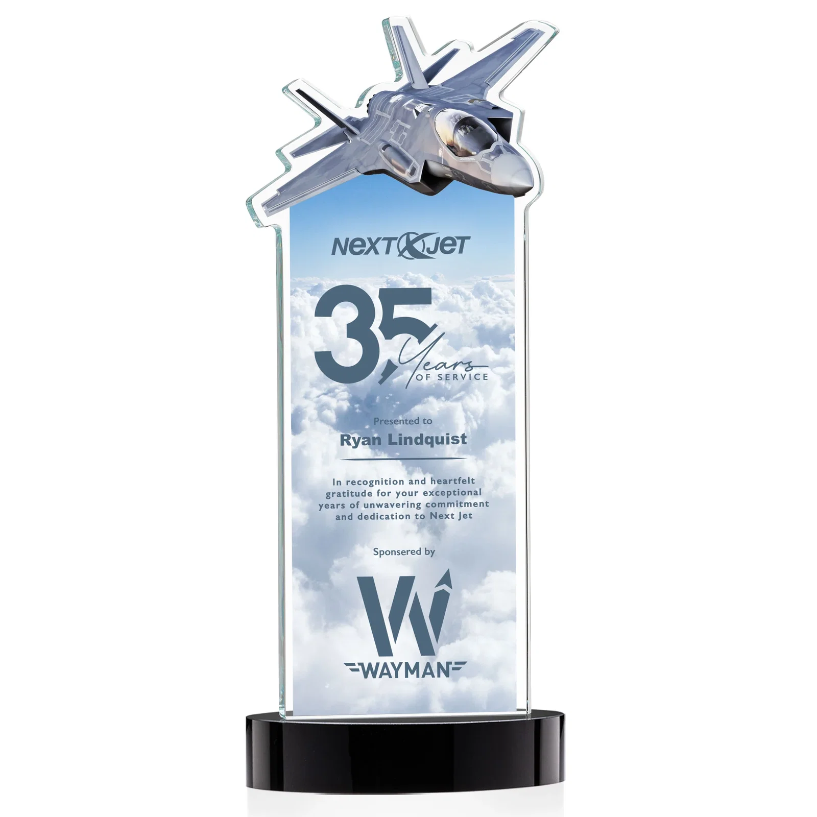 Custom printed Starfire Crystal Jet Award on Alberton Oval Base for volunteer appreciation