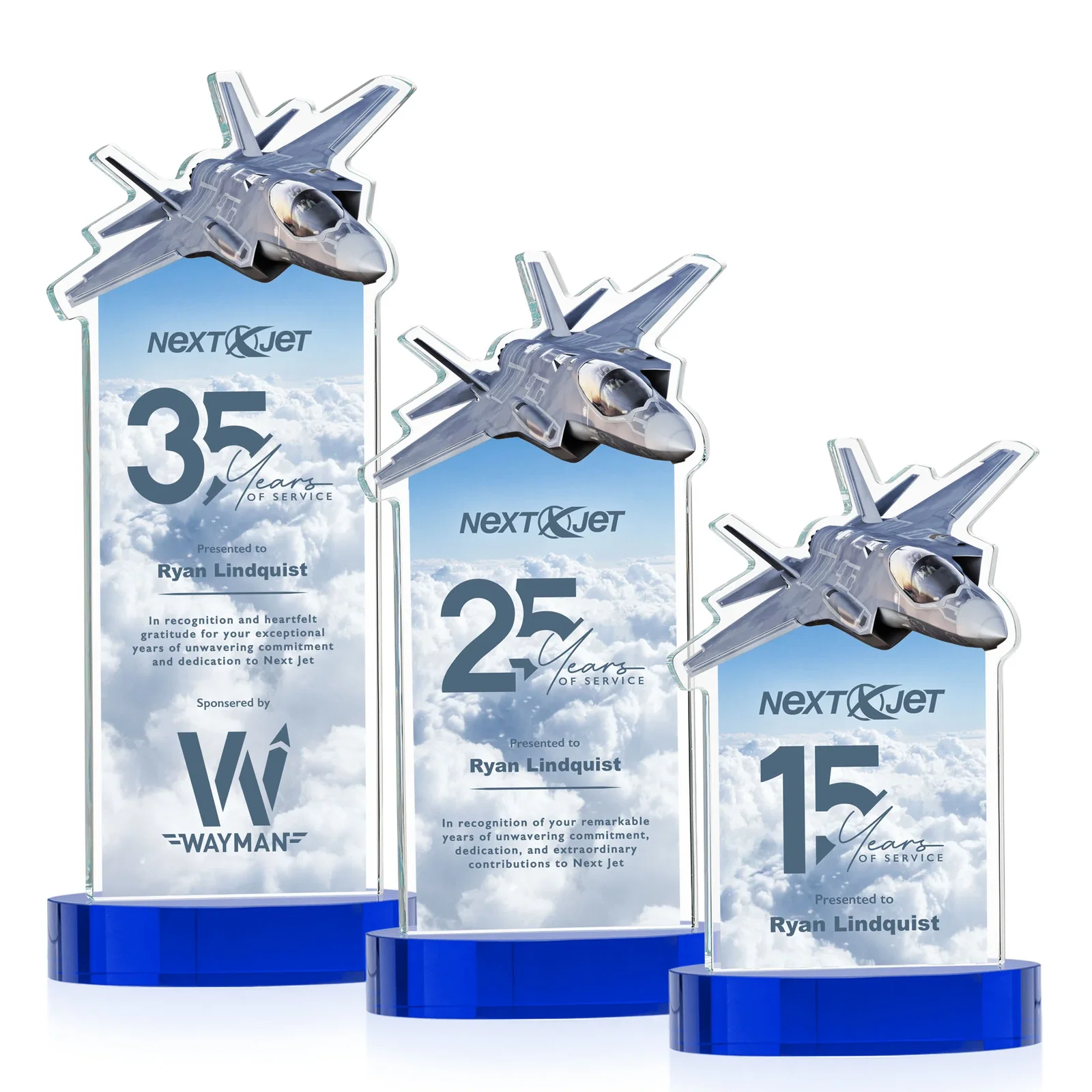 Custom printed Starfire Crystal Jet Award on Alberton Oval Base for dealer and partner awards