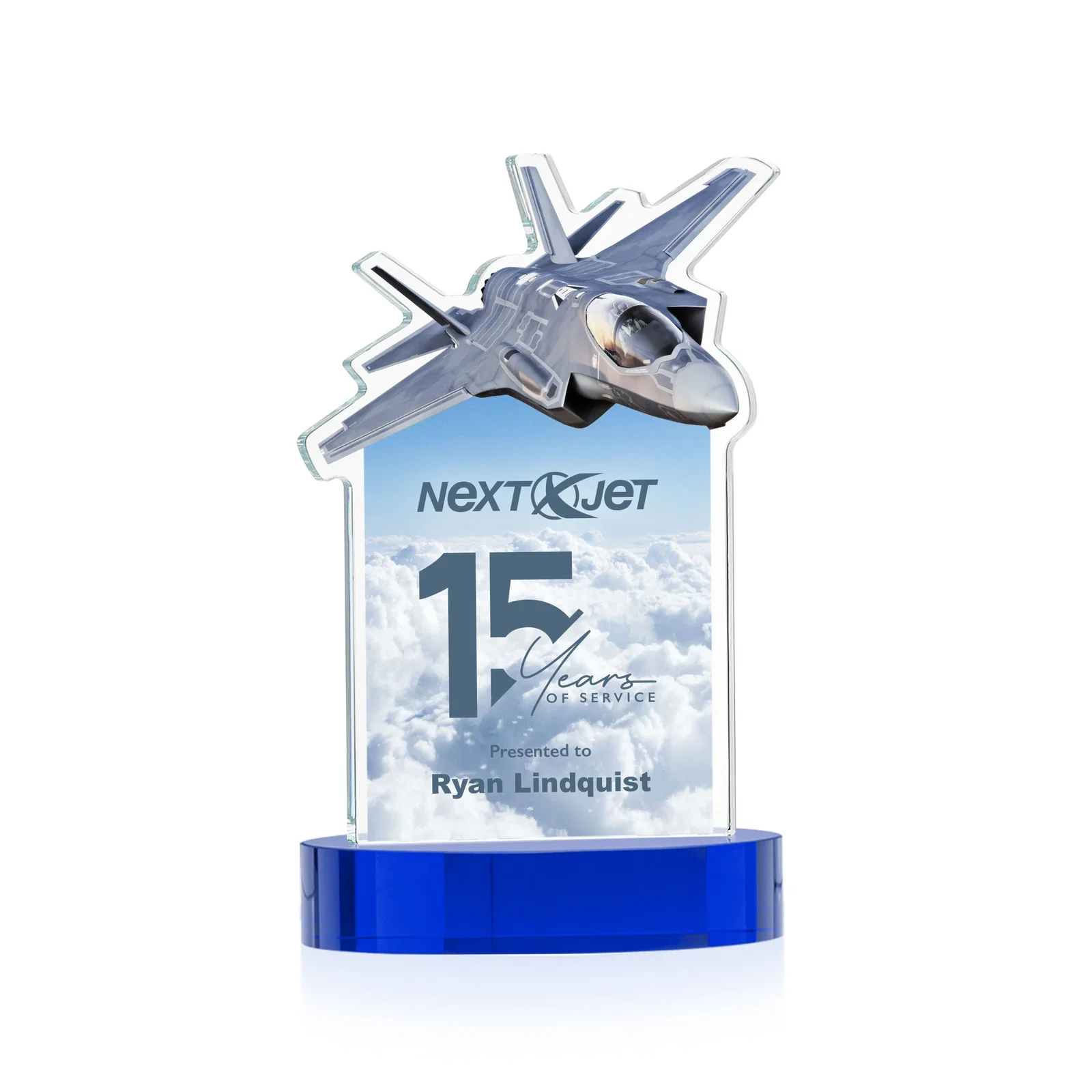Custom printed Starfire Crystal Jet Award on Alberton Oval Base for company anniversary events