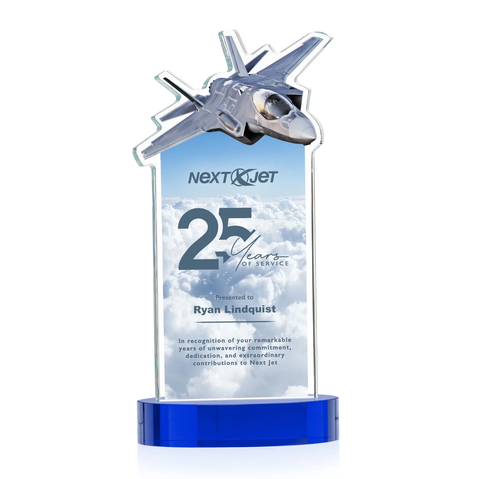 Customized Starfire Crystal Jet Award on Alberton Oval Base for employee recognition