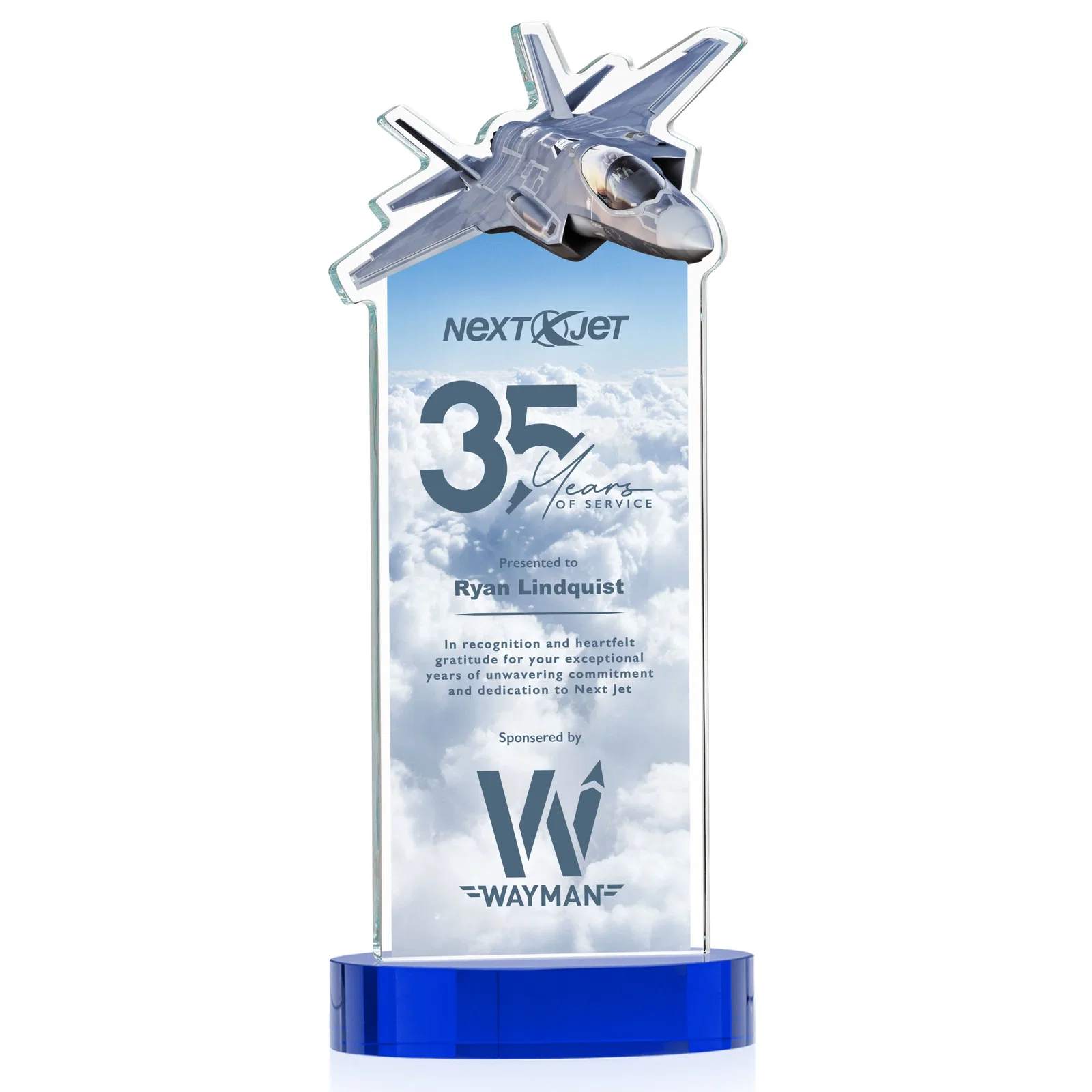 Customized Starfire Crystal Jet Award on Alberton Oval Base for corporate award ceremonies