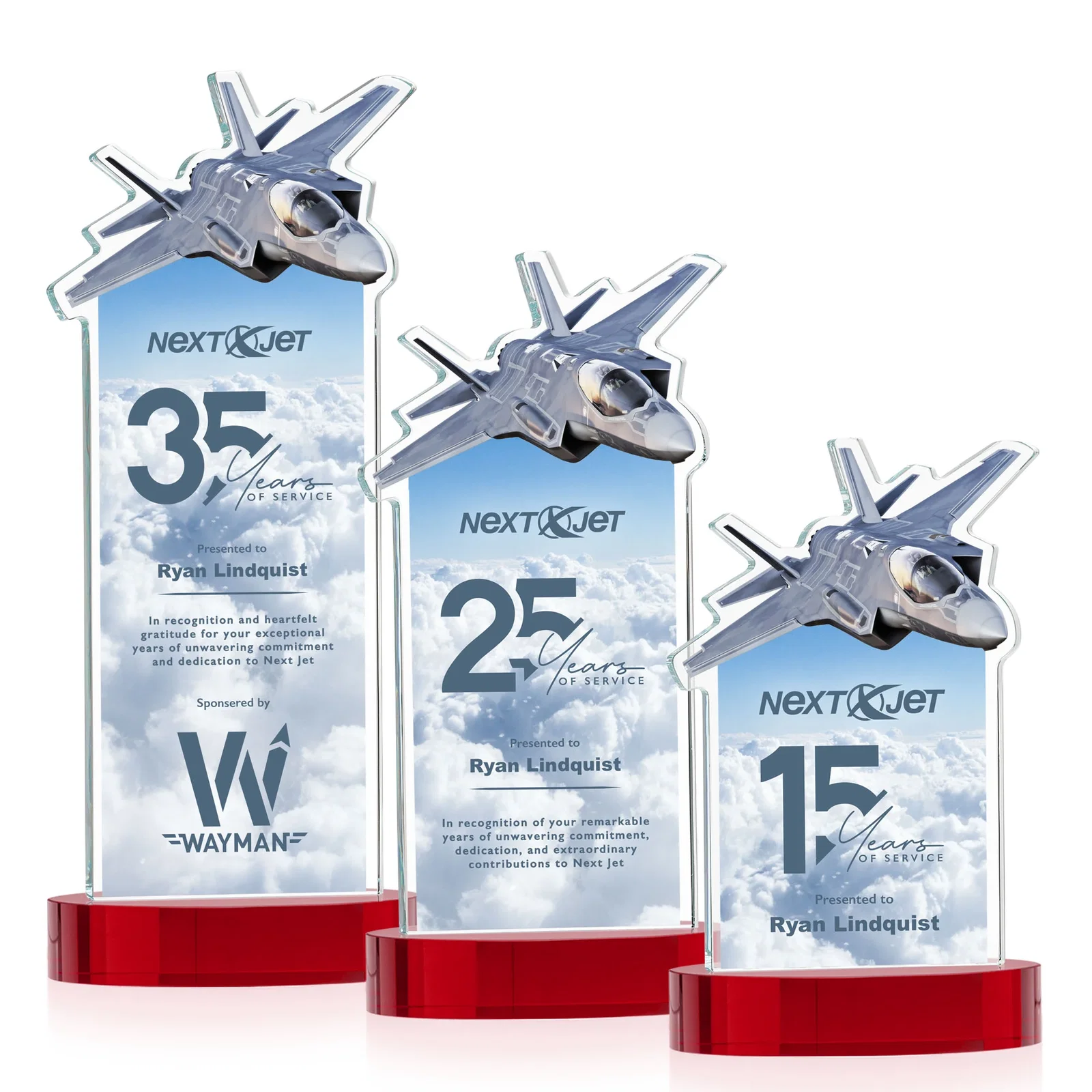 Customized Starfire Crystal Jet Award on Alberton Oval Base for service anniversary gifts