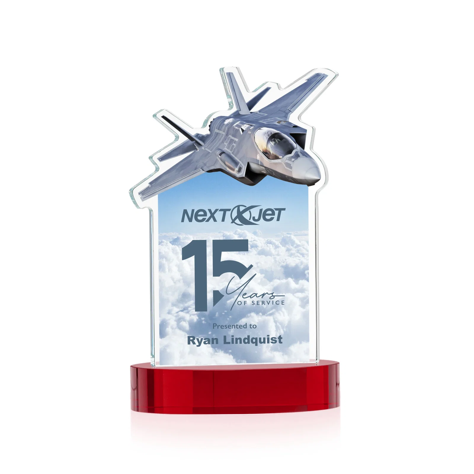 Customized Starfire Crystal Jet Award on Alberton Oval Base for sales achievement awards