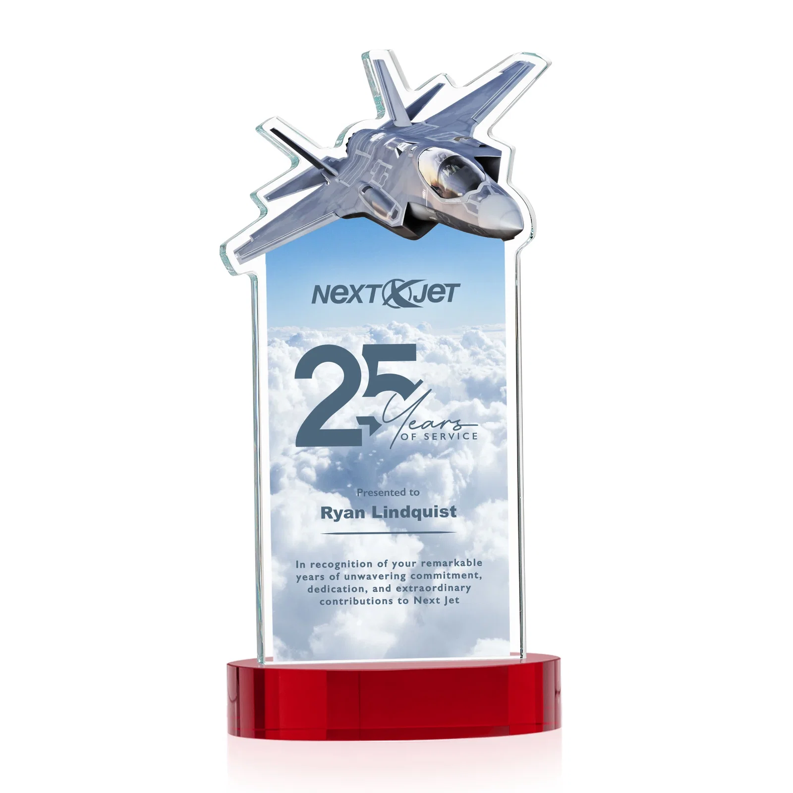 Customized Starfire Crystal Jet Award on Alberton Oval Base for retirement presentations