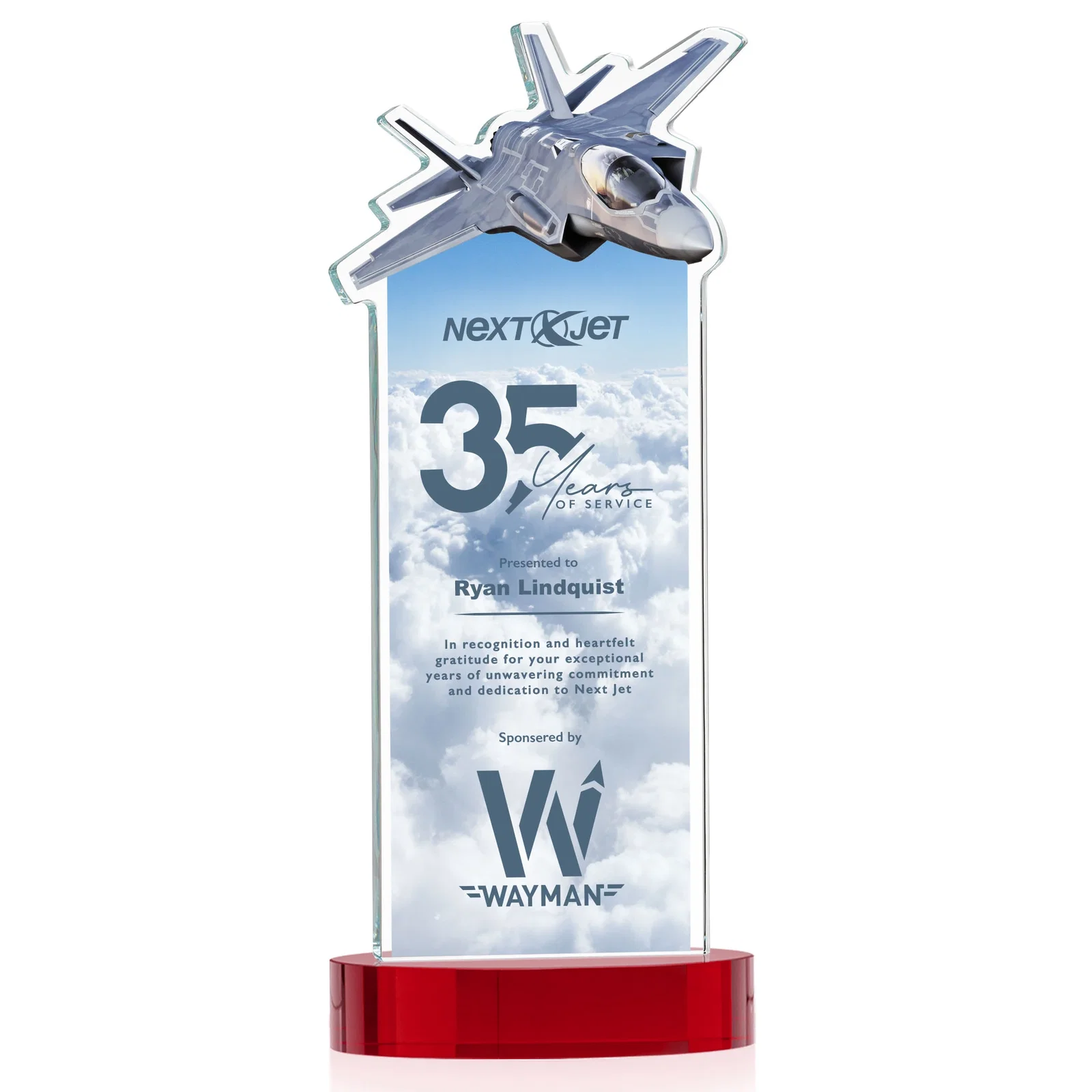 Customized Starfire Crystal Jet Award on Alberton Oval Base for team milestone celebrations