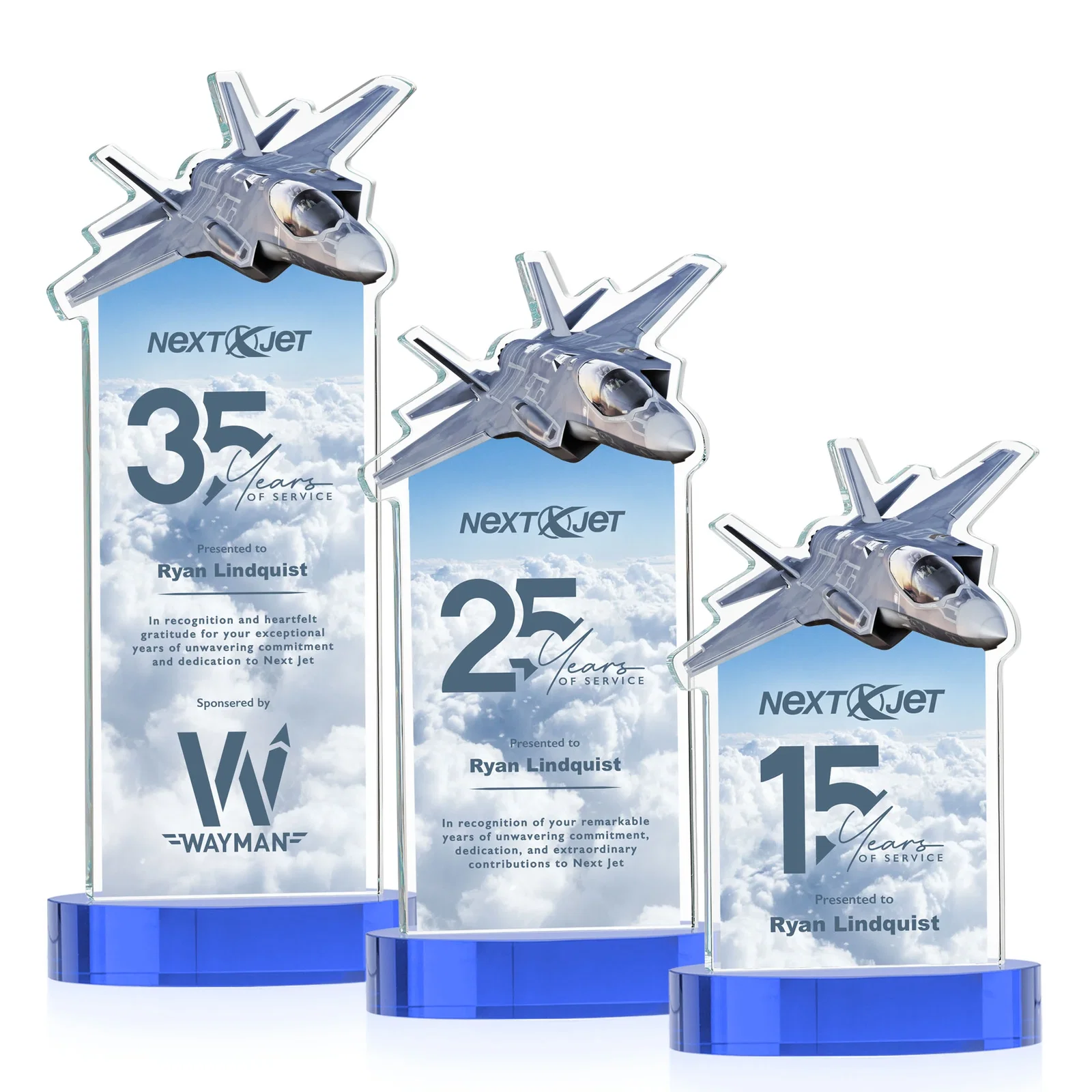 Customized Starfire Crystal Jet Award on Alberton Oval Base for donor appreciation