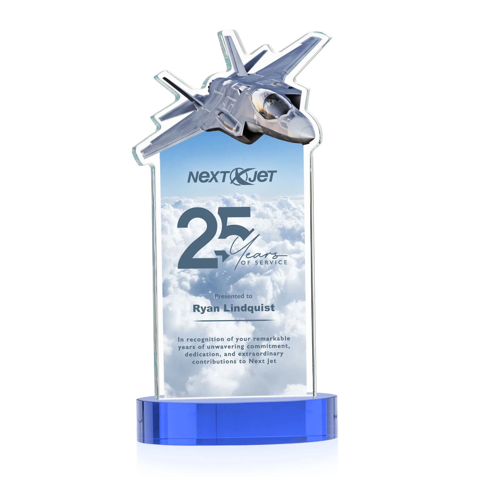 Customized Starfire Crystal Jet Award on Alberton Oval Base for safety achievement programs