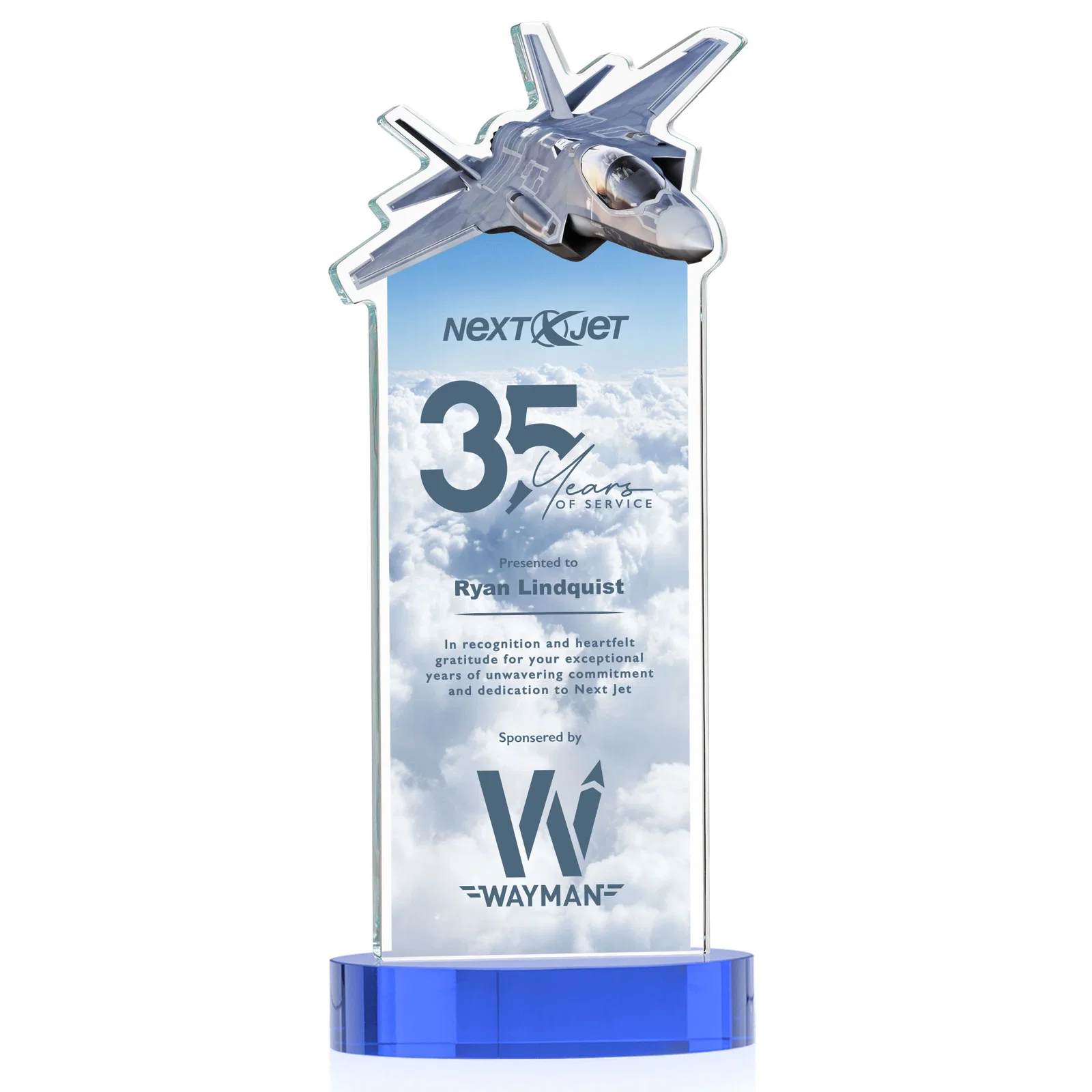 Customized Starfire Crystal Jet Award on Alberton Oval Base for volunteer appreciation