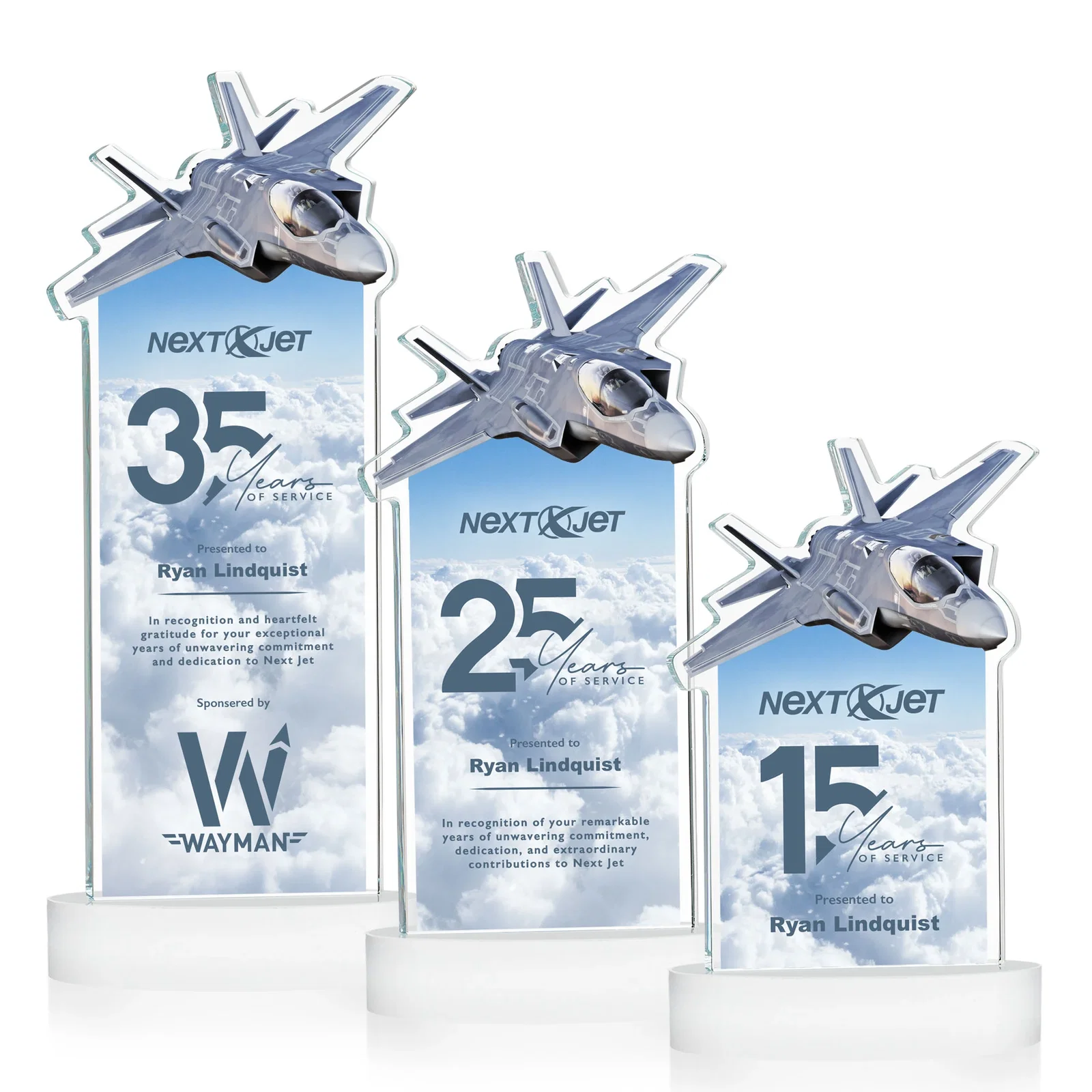 Customized Starfire Crystal Jet Award on Alberton Oval Base for dealer and partner awards