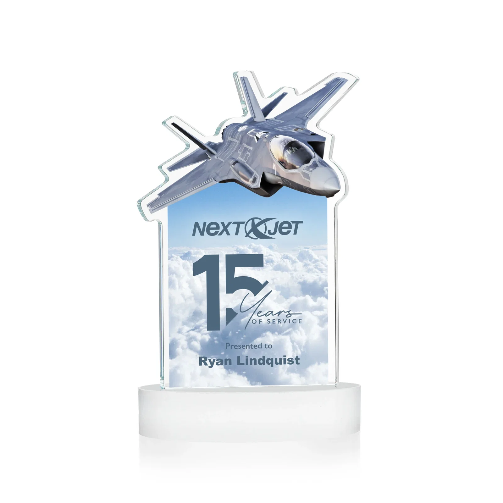 Customized Starfire Crystal Jet Award on Alberton Oval Base for company anniversary events