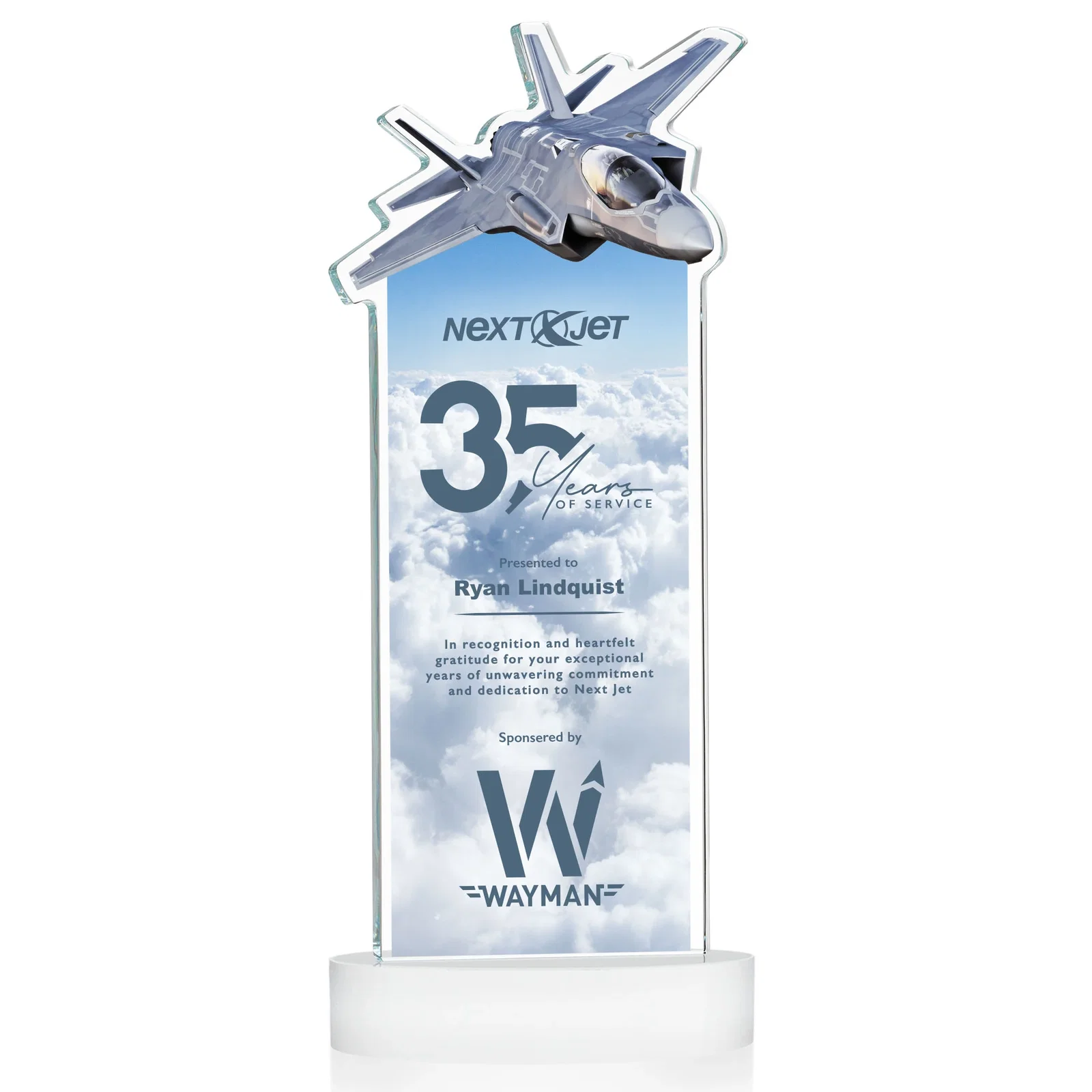 Custom engraved Starfire Crystal Jet Award on Alberton Oval Base for corporate award ceremonies