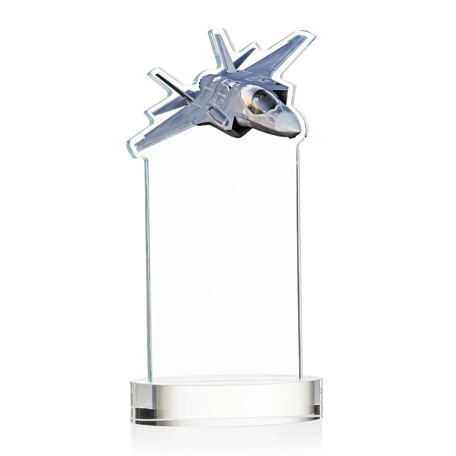 Custom engraved Starfire Crystal Jet Award on Alberton Oval Base for sales achievement awards