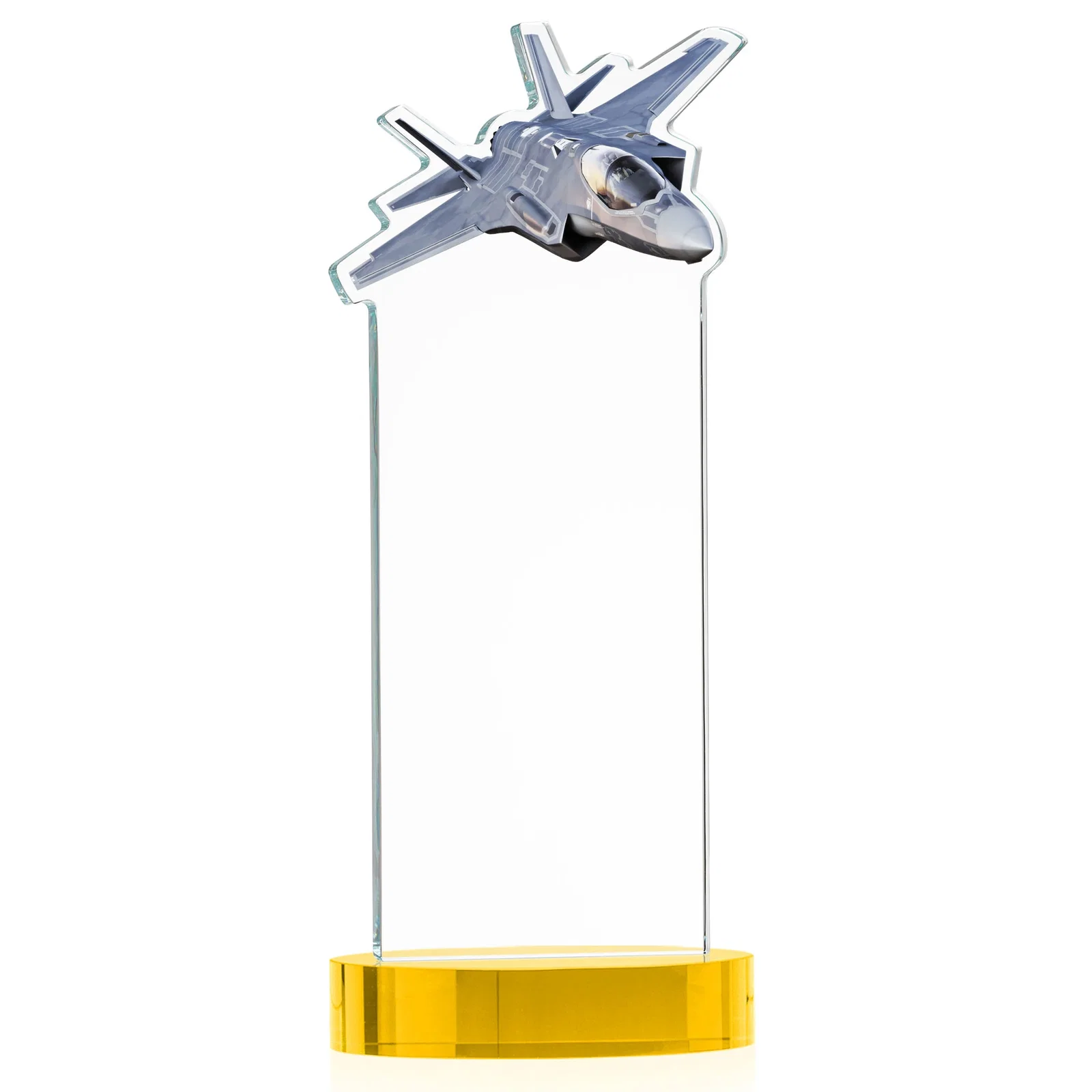 Custom engraved Starfire Crystal Jet Award on Alberton Oval Base for dealer and partner awards