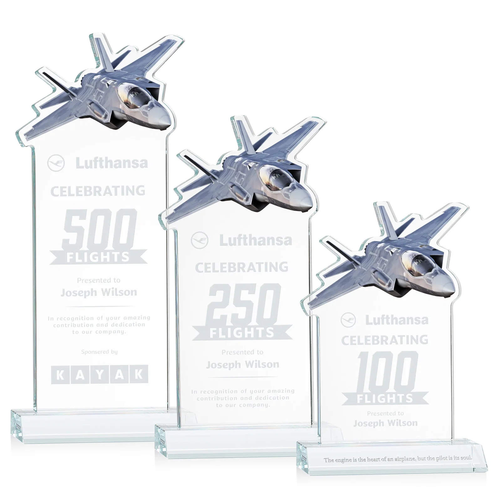 Custom Starfire Crystal Jet Award With Deep-Etched Silhouette and Print for employee recognition