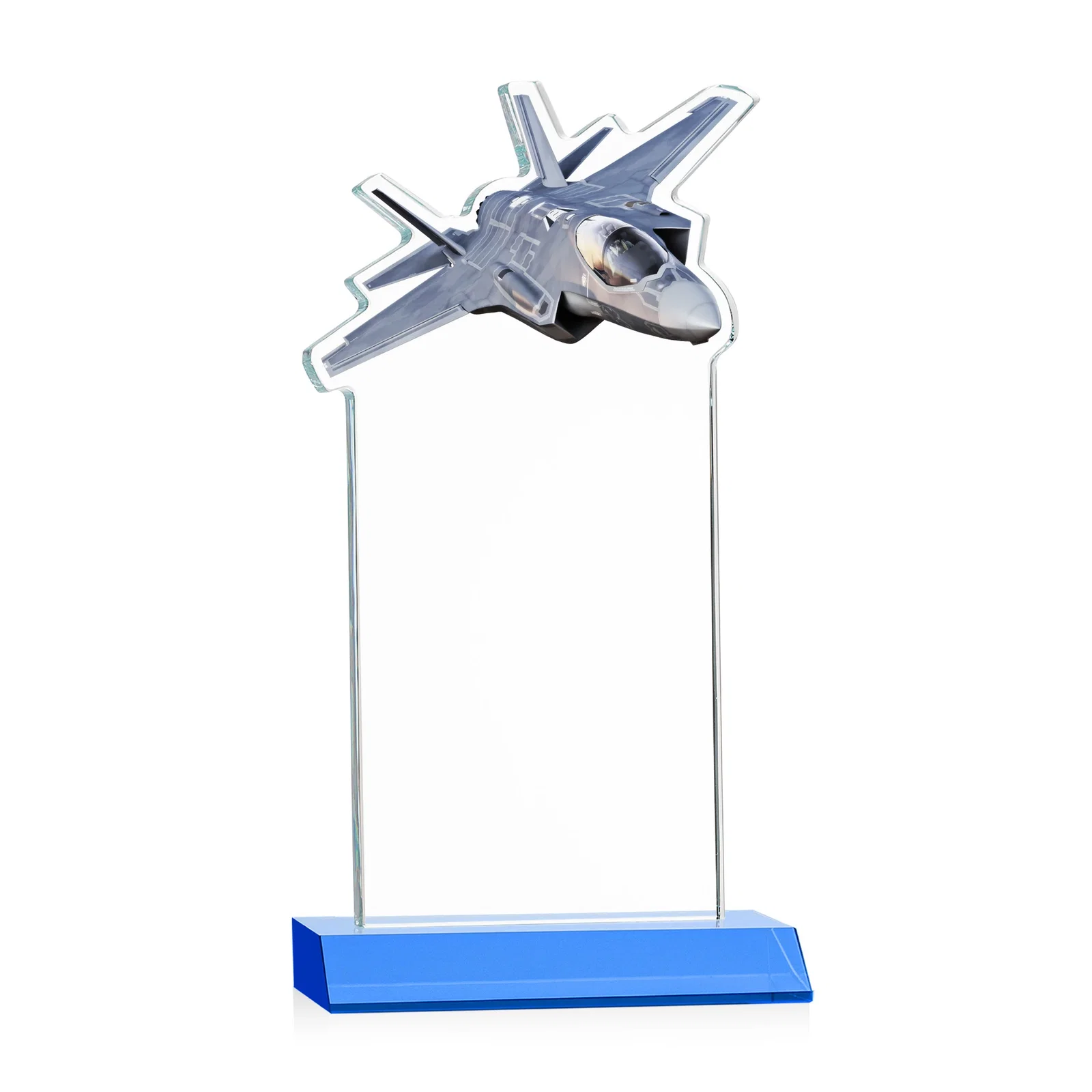 Custom Starfire Crystal Jet Award With Deep-Etched Silhouette and Print, with your logo for corporate award ceremonies