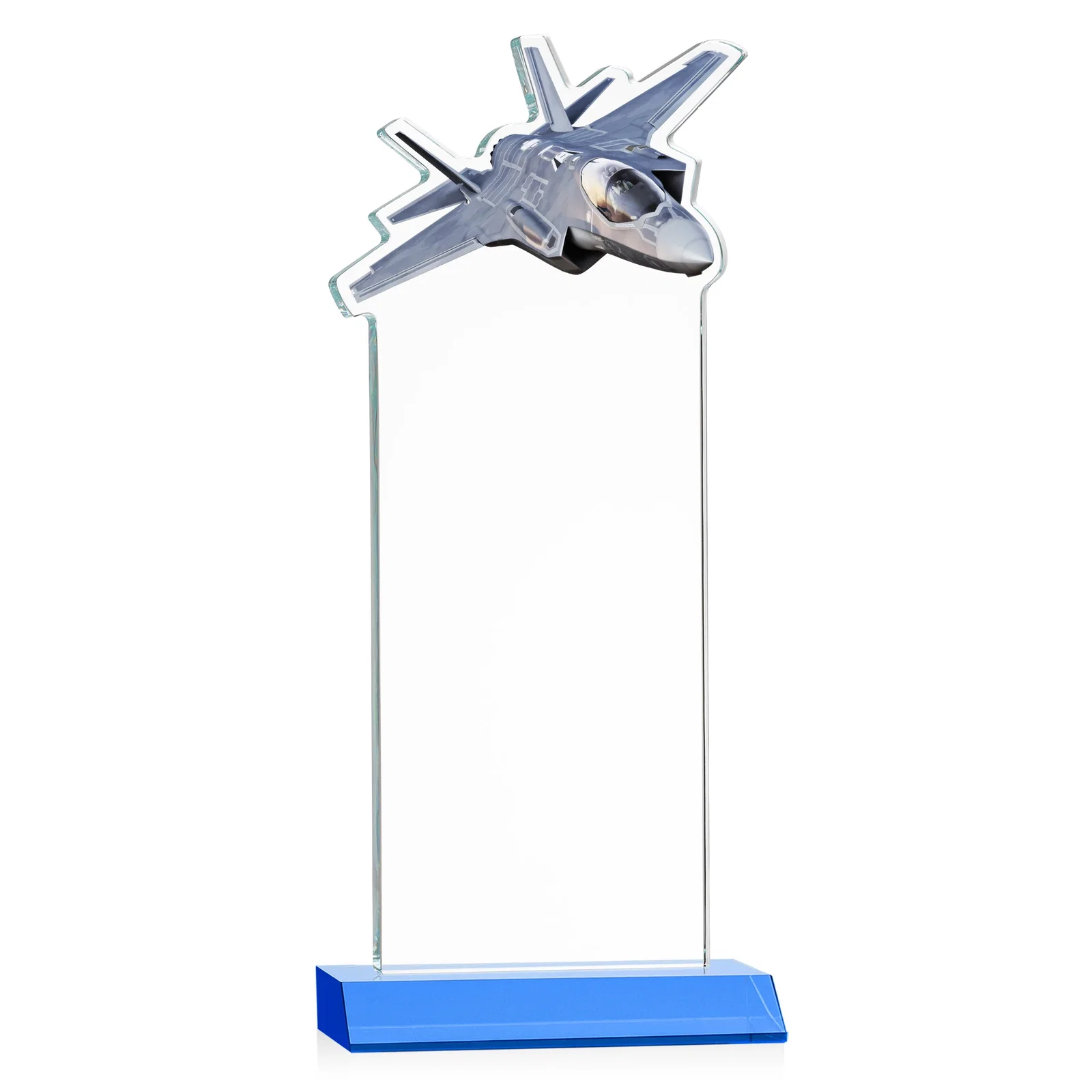 Custom Starfire Crystal Jet Award With Deep-Etched Silhouette and Print, with your logo for service anniversary gifts
