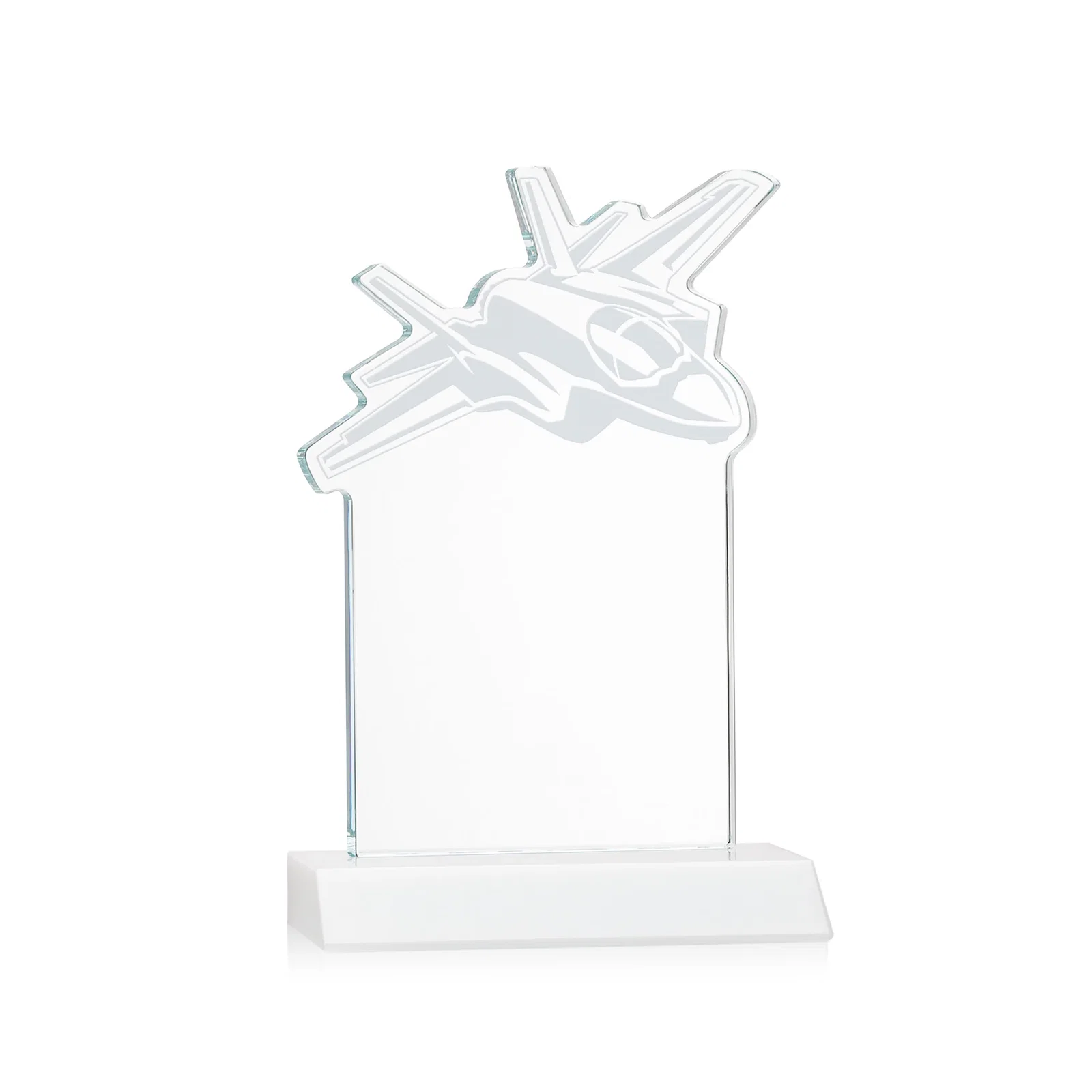 Custom Starfire Crystal Jet Award With Deep-Etched Silhouette and Print, with your logo for sales achievement awards