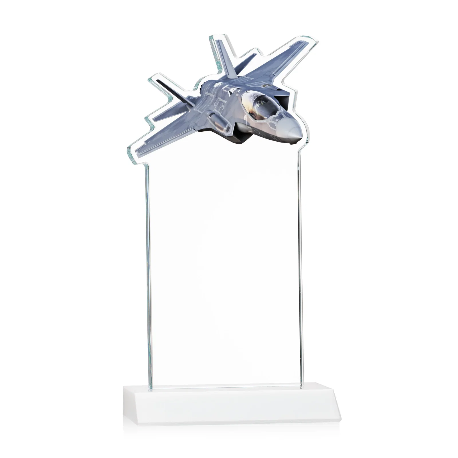 Custom Starfire Crystal Jet Award With Deep-Etched Silhouette and Print, with your logo for retirement presentations