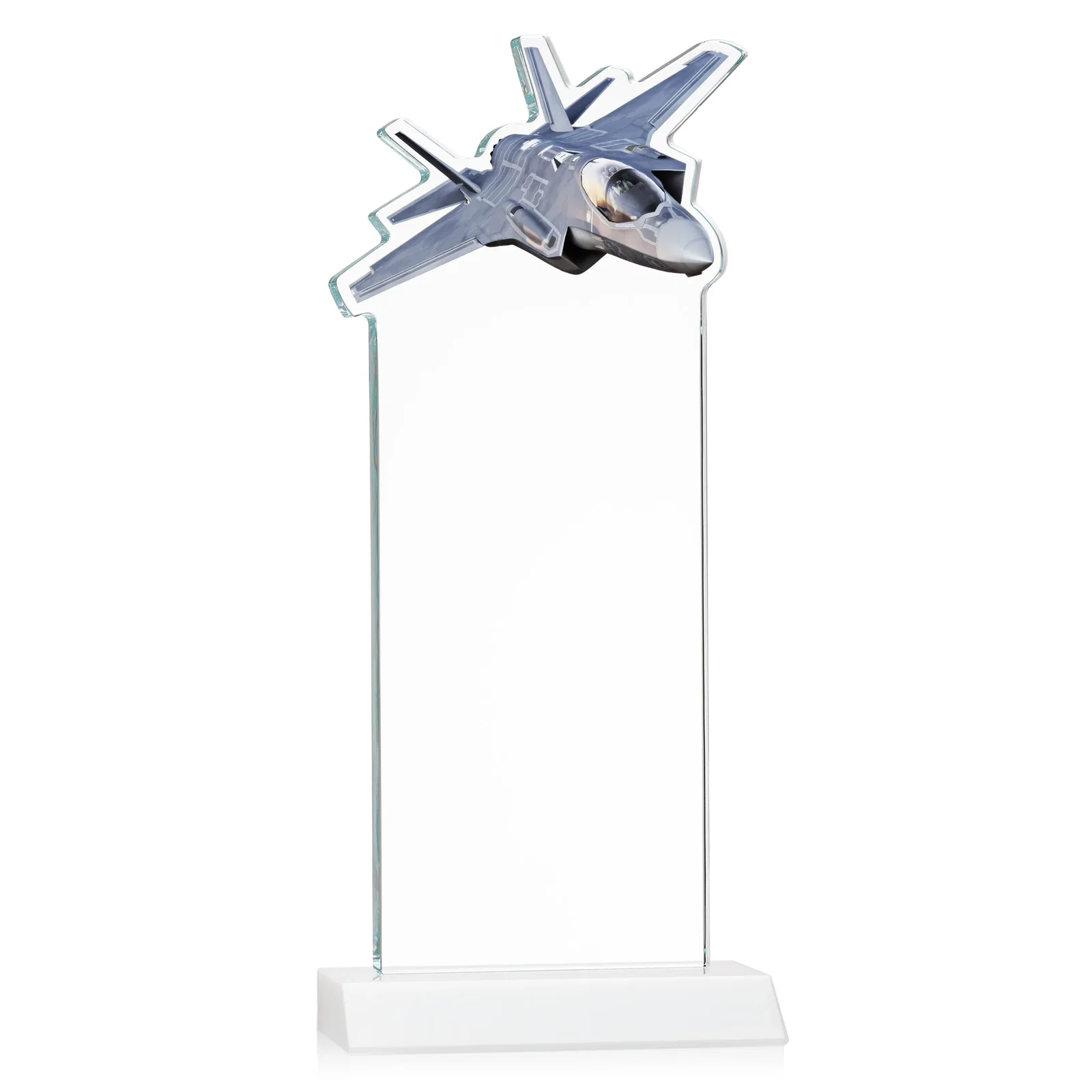 Custom Starfire Crystal Jet Award With Deep-Etched Silhouette and Print, with your logo for team milestone celebrations
