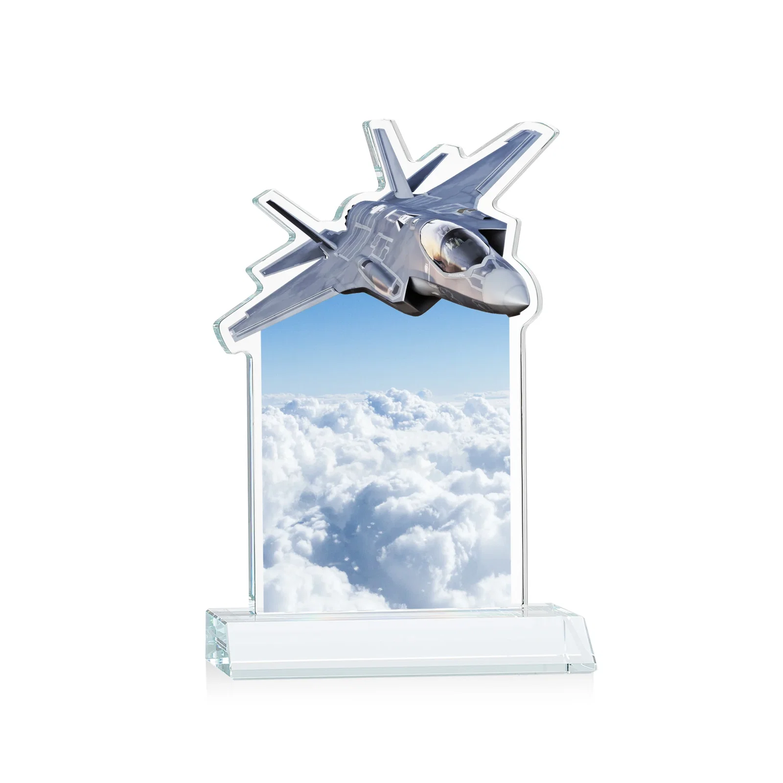 Custom Starfire Crystal Jet Award With Deep-Etched Silhouette and Print, with your logo for donor appreciation