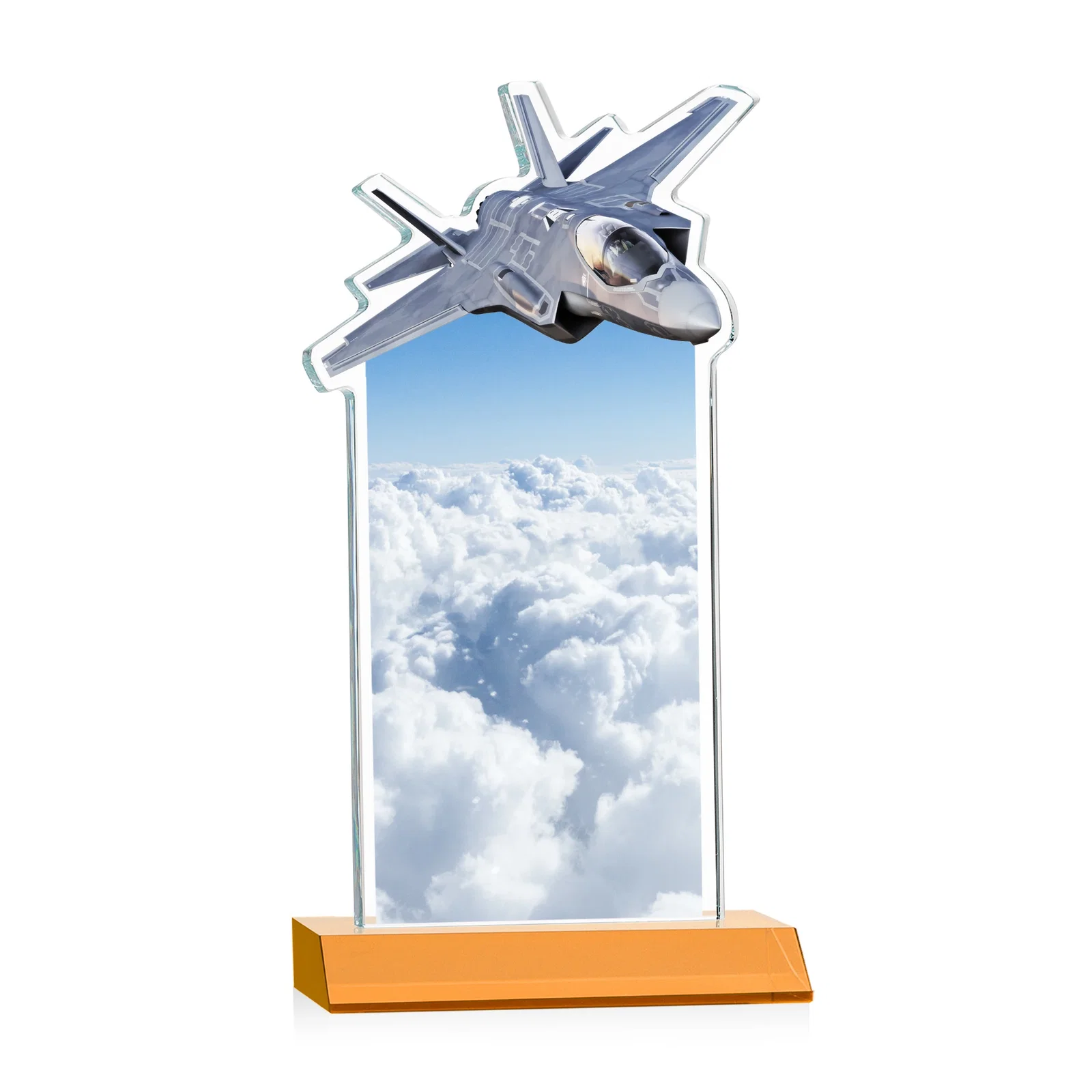 Custom Starfire Crystal Jet Award With Deep-Etched Silhouette and Print, with your logo for dealer and partner awards