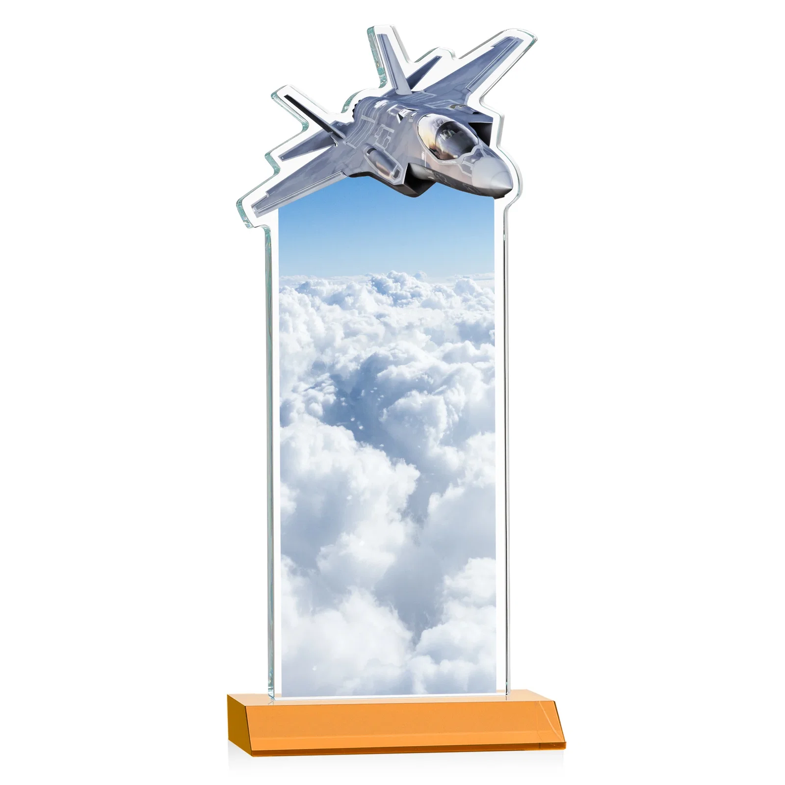 Custom Starfire Crystal Jet Award With Deep-Etched Silhouette and Print, with your logo for company anniversary events