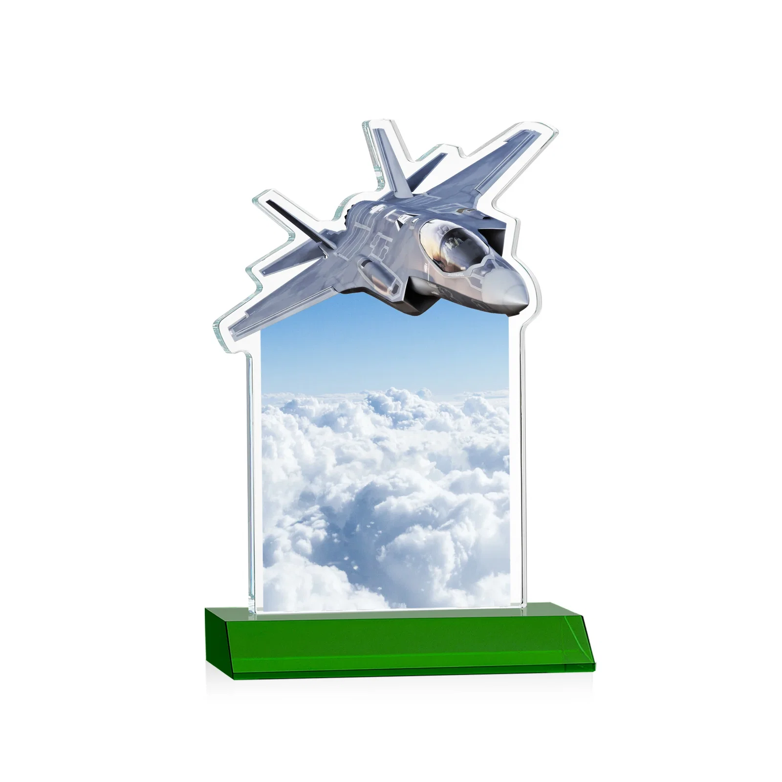 Personalized Starfire Crystal Jet Award With Deep-Etched Silhouette and Print, with your logo for employee recognition