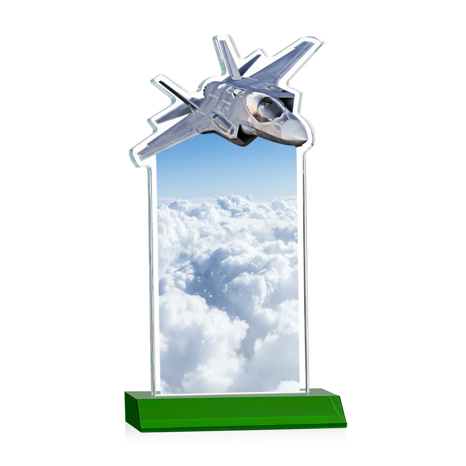Personalized Starfire Crystal Jet Award With Deep-Etched Silhouette and Print, with your logo for corporate award ceremonies