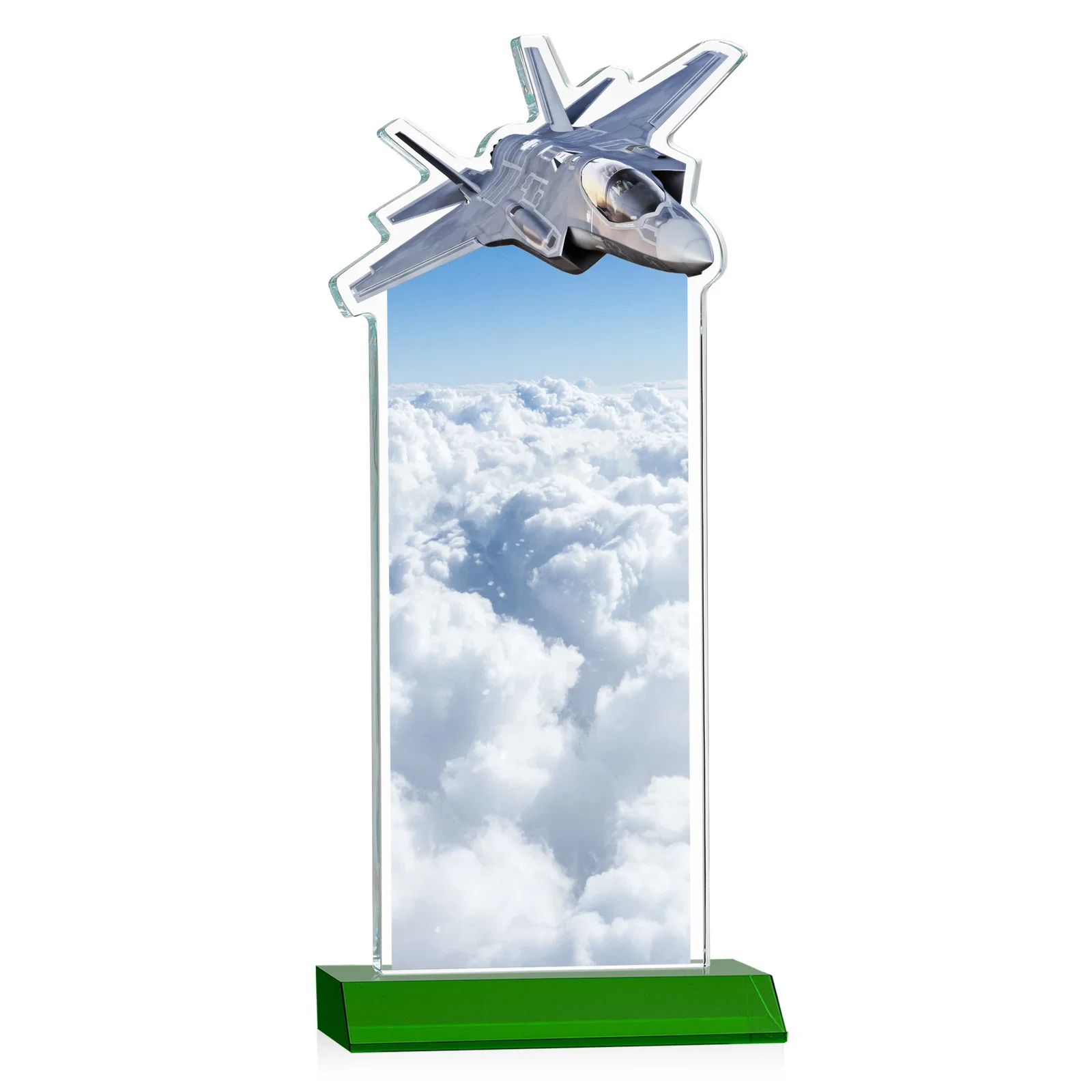 Personalized Starfire Crystal Jet Award With Deep-Etched Silhouette and Print, with your logo for service anniversary gifts