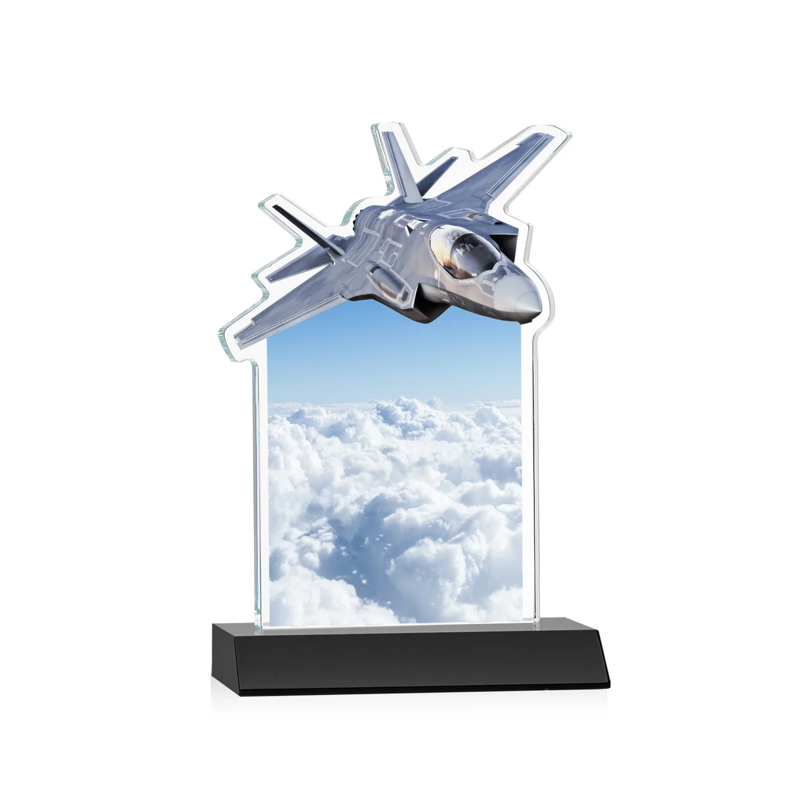 Personalized Starfire Crystal Jet Award With Deep-Etched Silhouette and Print, with your logo for sales achievement awards