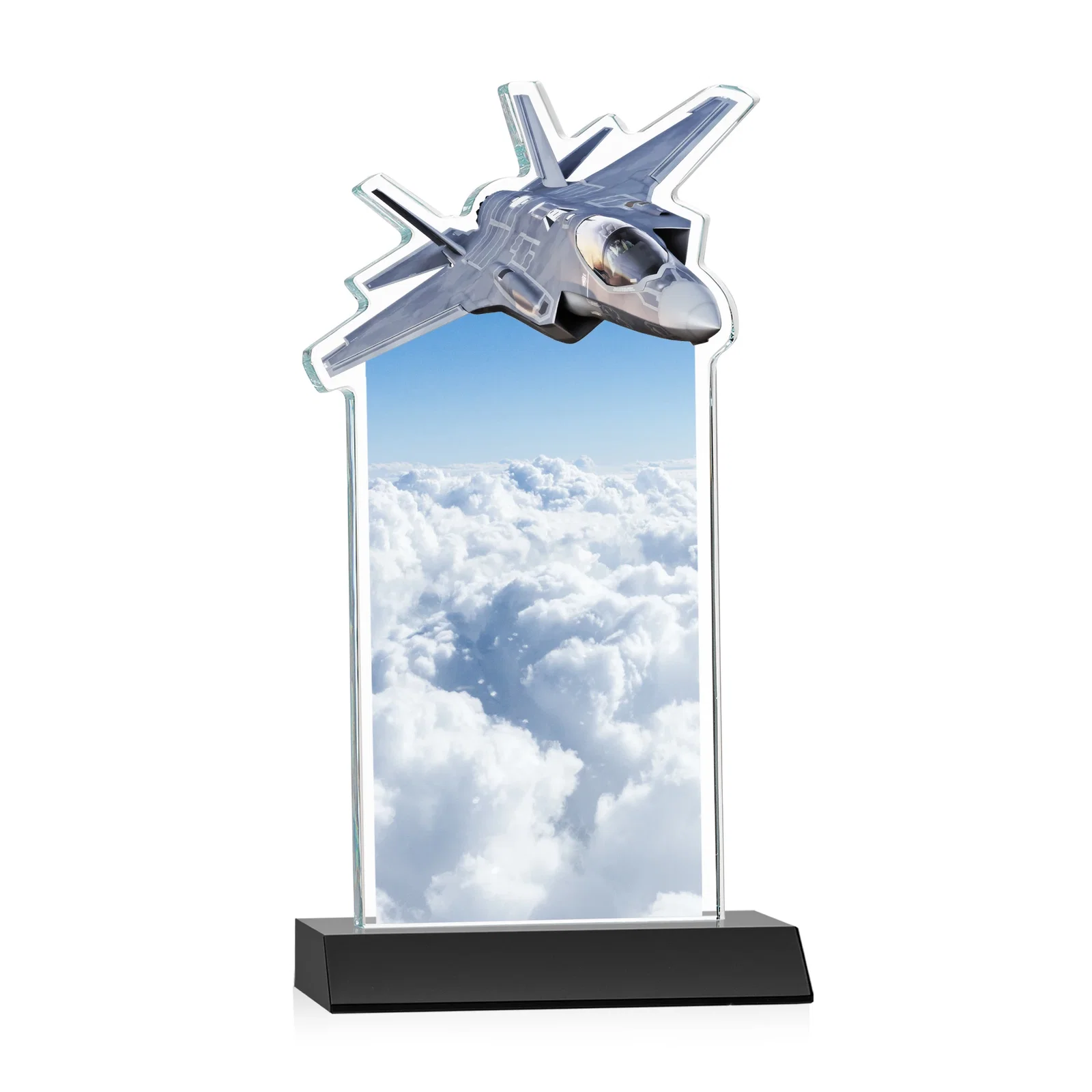Personalized Starfire Crystal Jet Award With Deep-Etched Silhouette and Print, with your logo for retirement presentations