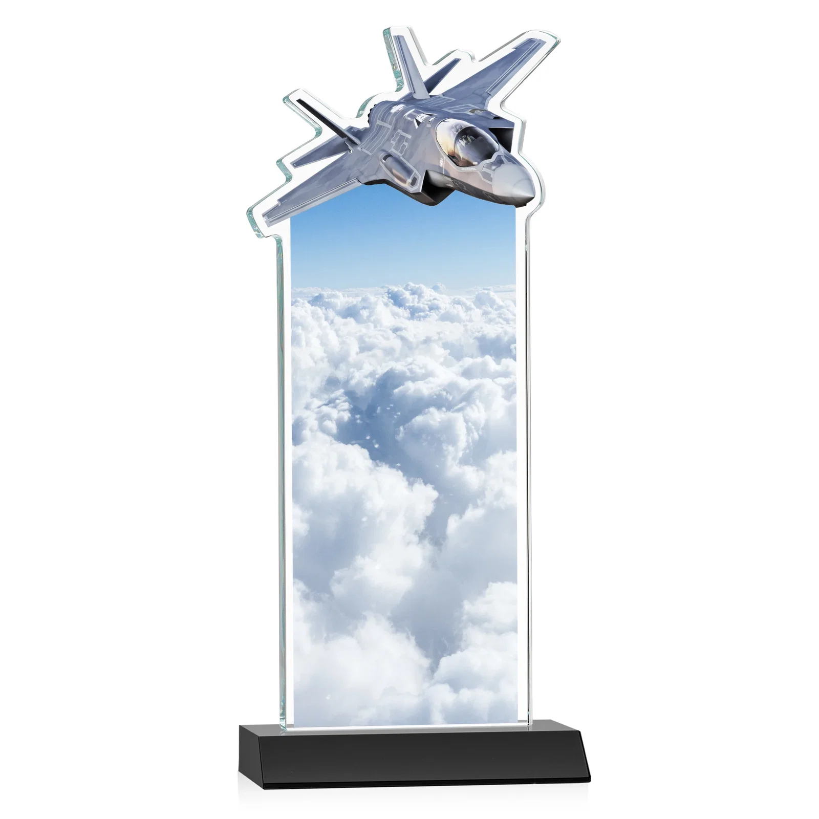 Personalized Starfire Crystal Jet Award With Deep-Etched Silhouette and Print, with your logo for team milestone celebrations