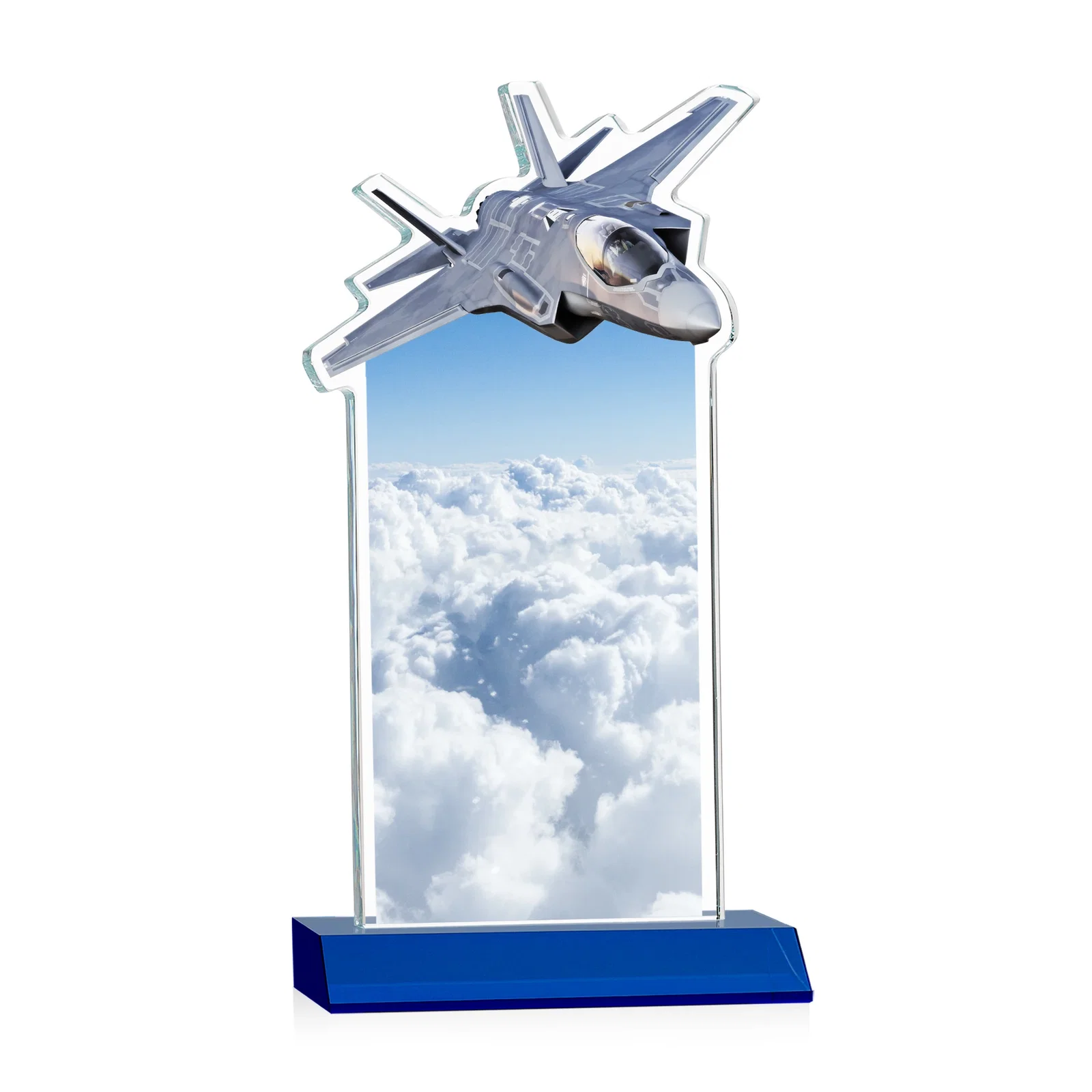 Personalized Starfire Crystal Jet Award With Deep-Etched Silhouette and Print, with your logo for graduation ceremonies