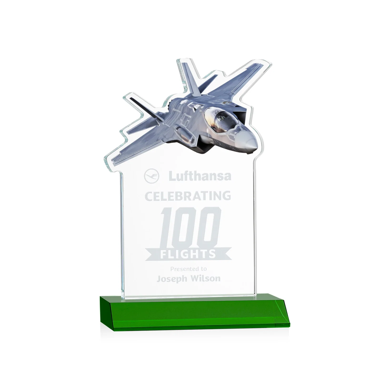 Custom Starfire Crystal Jet Award With Deep-Etched Silhouette and Print for dealer and partner awards